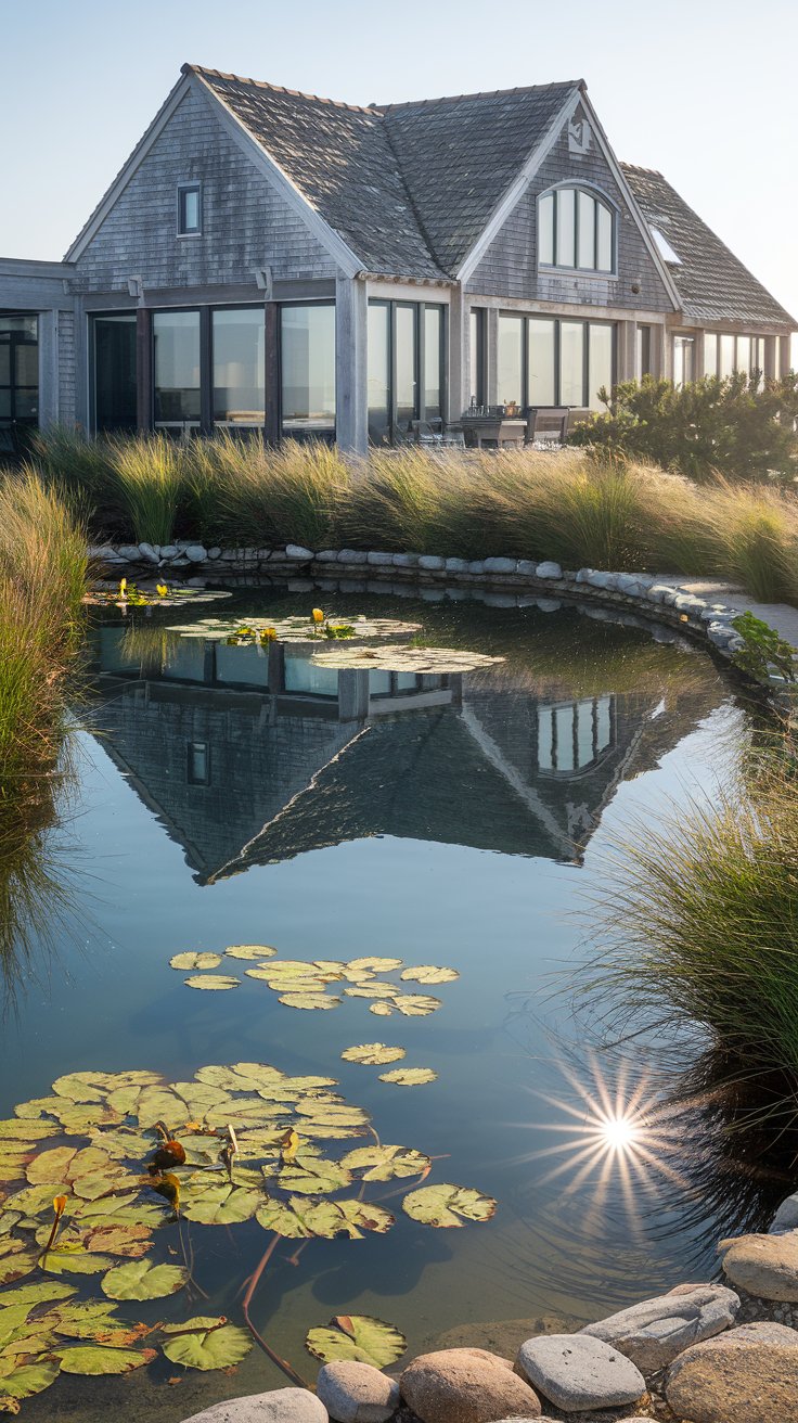 A coastal house with large windows is reflected in a pond surrounded by grass and lily pads.