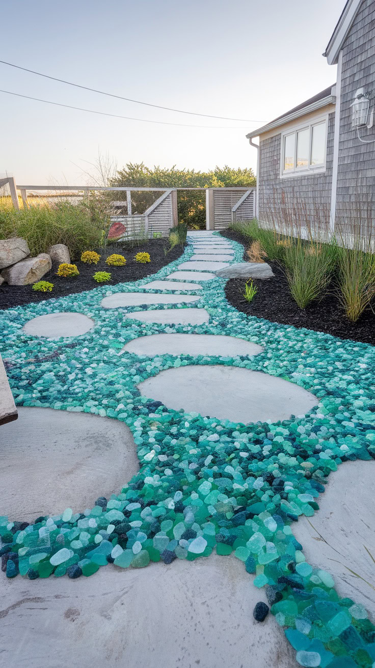 Pathway with large circular stone steps surrounded by blue and green sea glass pieces leads to a house with wooden siding. Shrubs and rocks line the path.