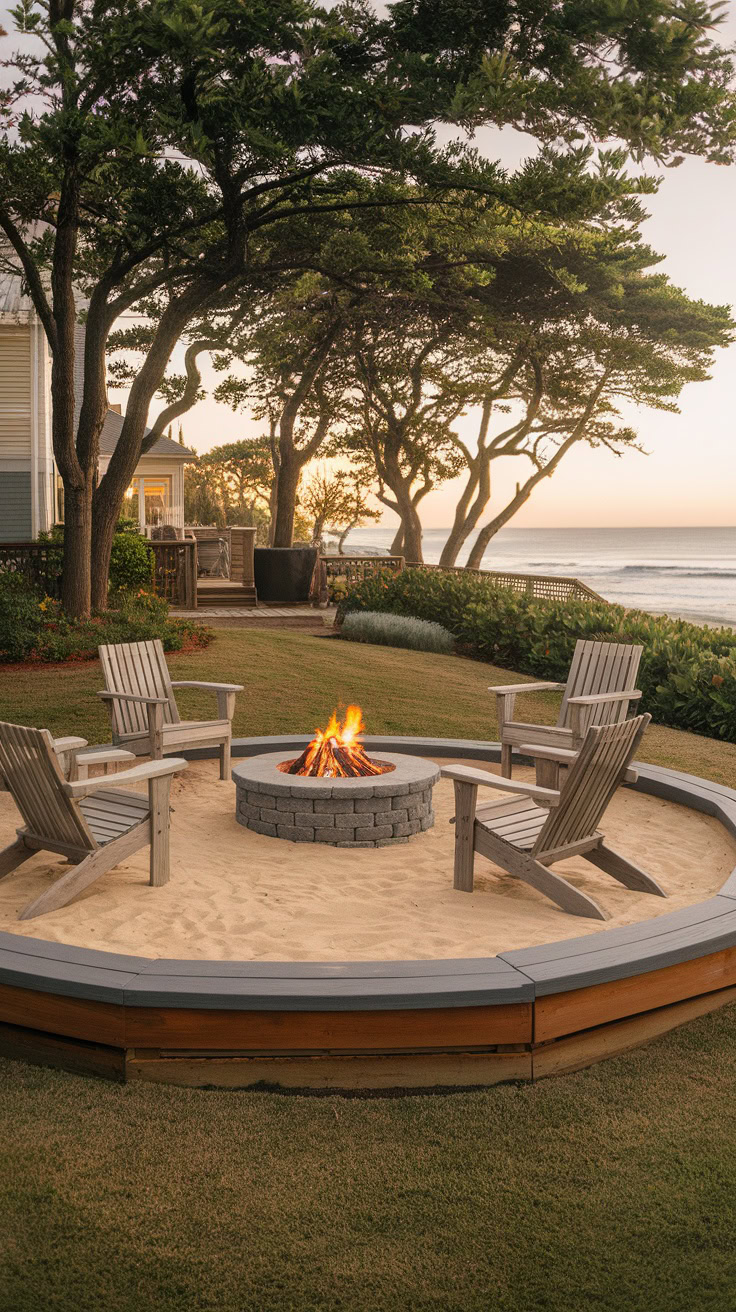 Four wooden chairs surround a circular fire pit on a sandy area, with trees and ocean view in the background at sunset.