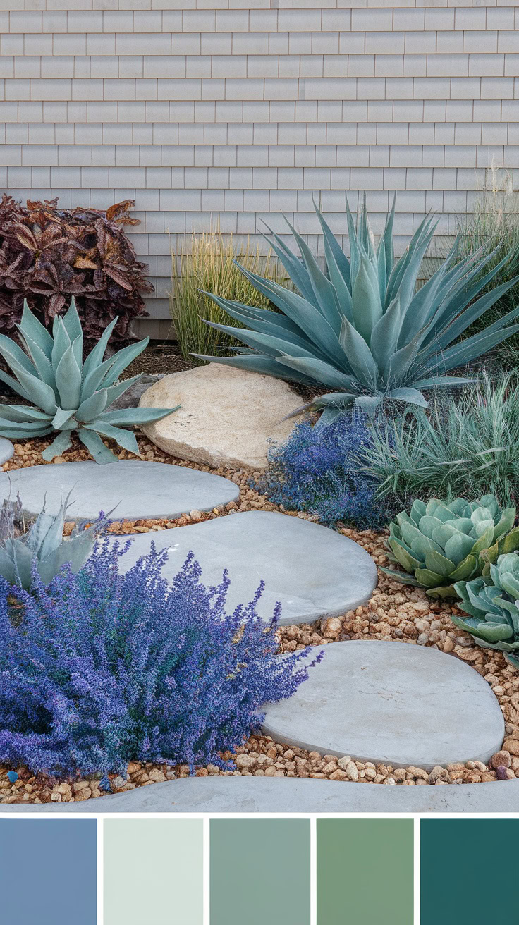 Desert garden with succulents, lavender plants, round stepping stones, and a color palette of blues, greens, and neutrals.
