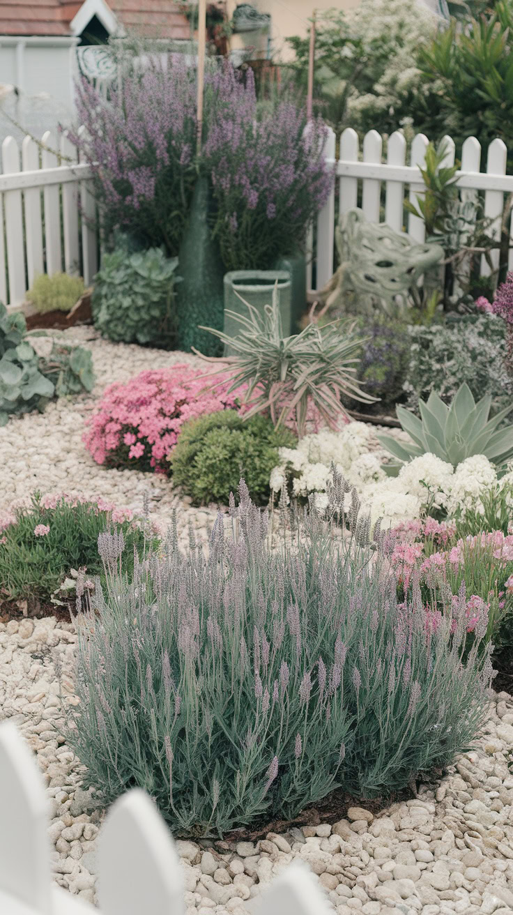 A small garden with lavender, succulents, and pink flowers, surrounded by a white picket fence. Pebbles cover the ground.