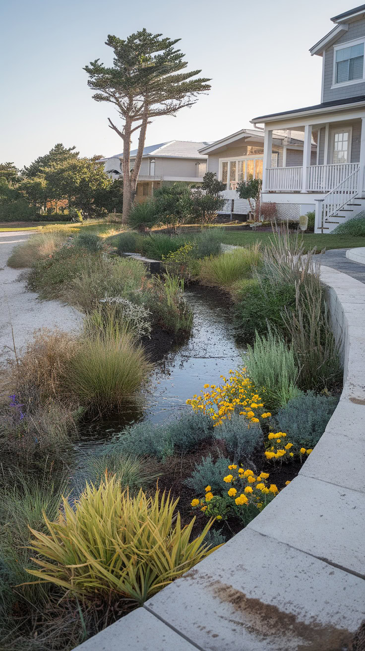 A house with a porch is surrounded by a landscaped garden featuring a narrow water feature, yellow flowers, and various grasses. A large tree stands on the left.