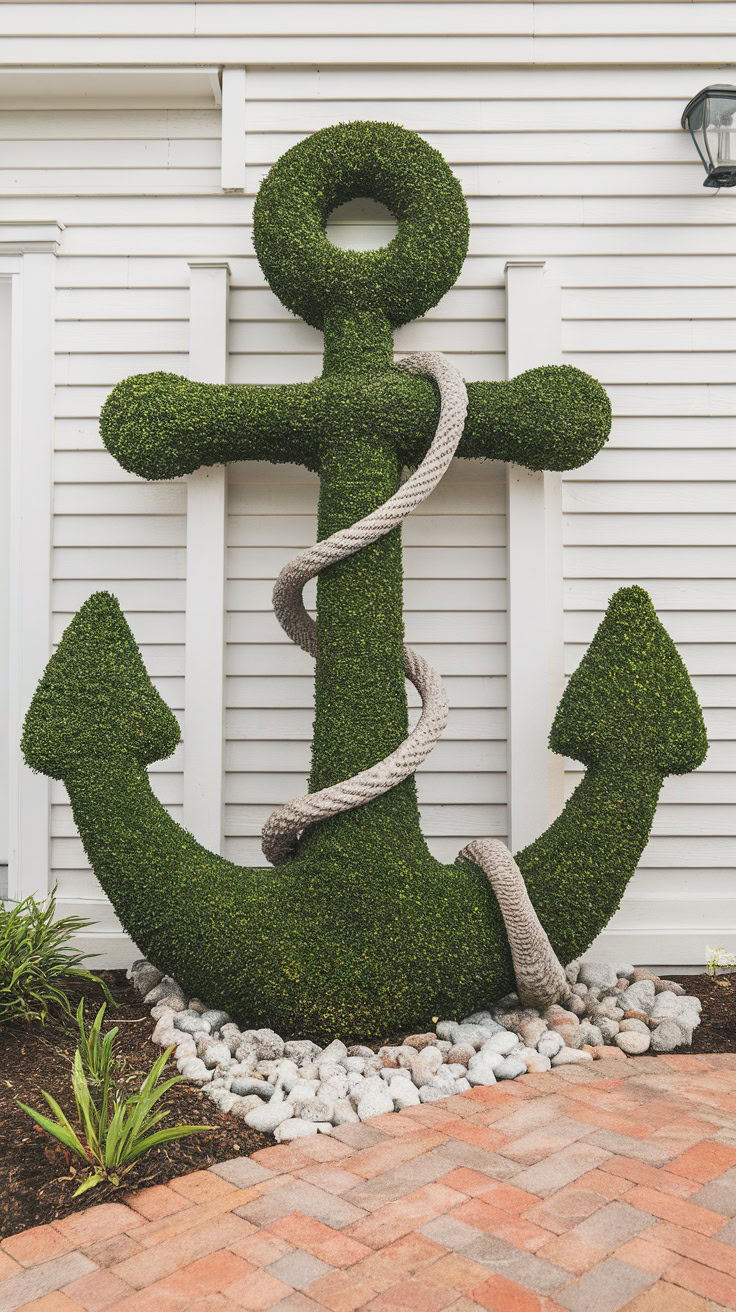 A large anchor-shaped topiary with a rope entwined around it, situated against a white wall on a bed of rocks and surrounded by brick pavement.