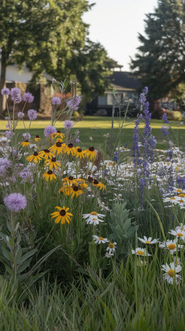 A garden with blooming yellow coneflowers, purple liatris, daisies, and other wildflowers in front of a house, with trees in the background.