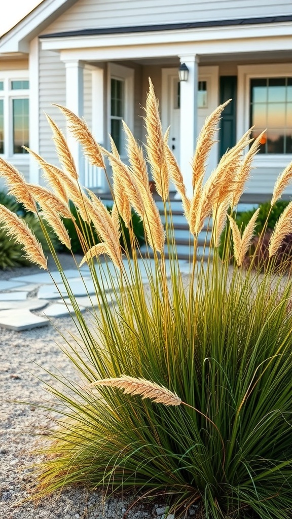 A house with light gray siding and white trim is seen behind tall ornamental grass with feathery plumes, growing in a gravel-covered yard.