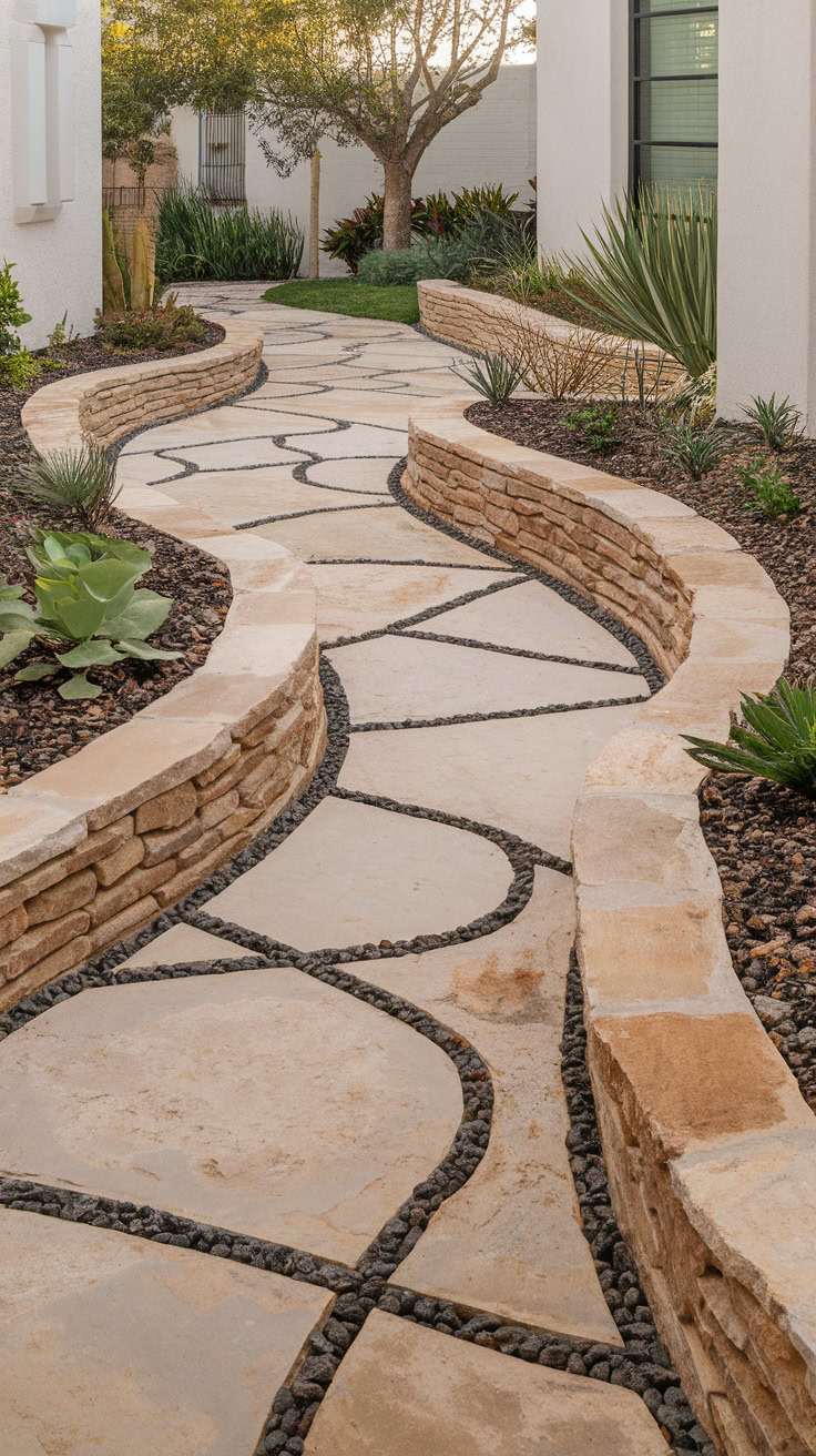 Curved stone pathway with decorative black stone borders, flanked by low stone walls and landscaped plants, leading to a tree and house.