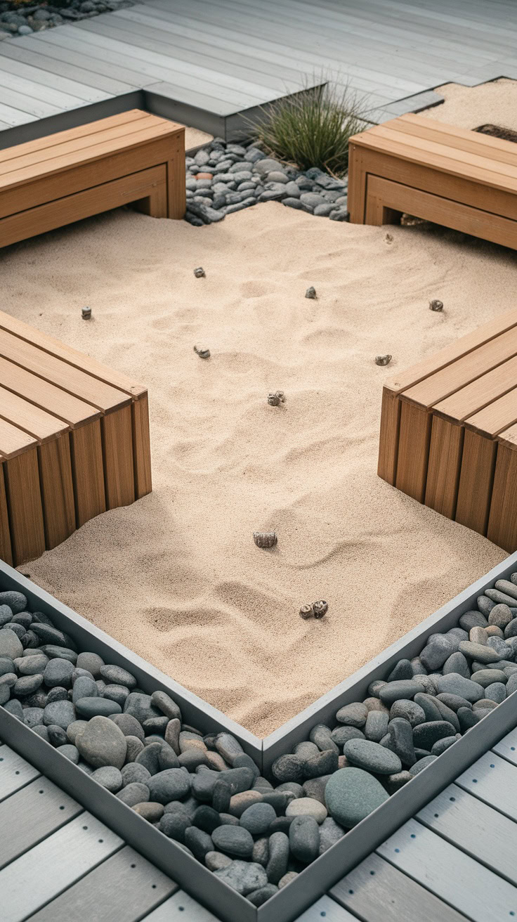 Zen garden with sand and scattered stones, surrounded by wooden benches and pebbles, on a modern deck.