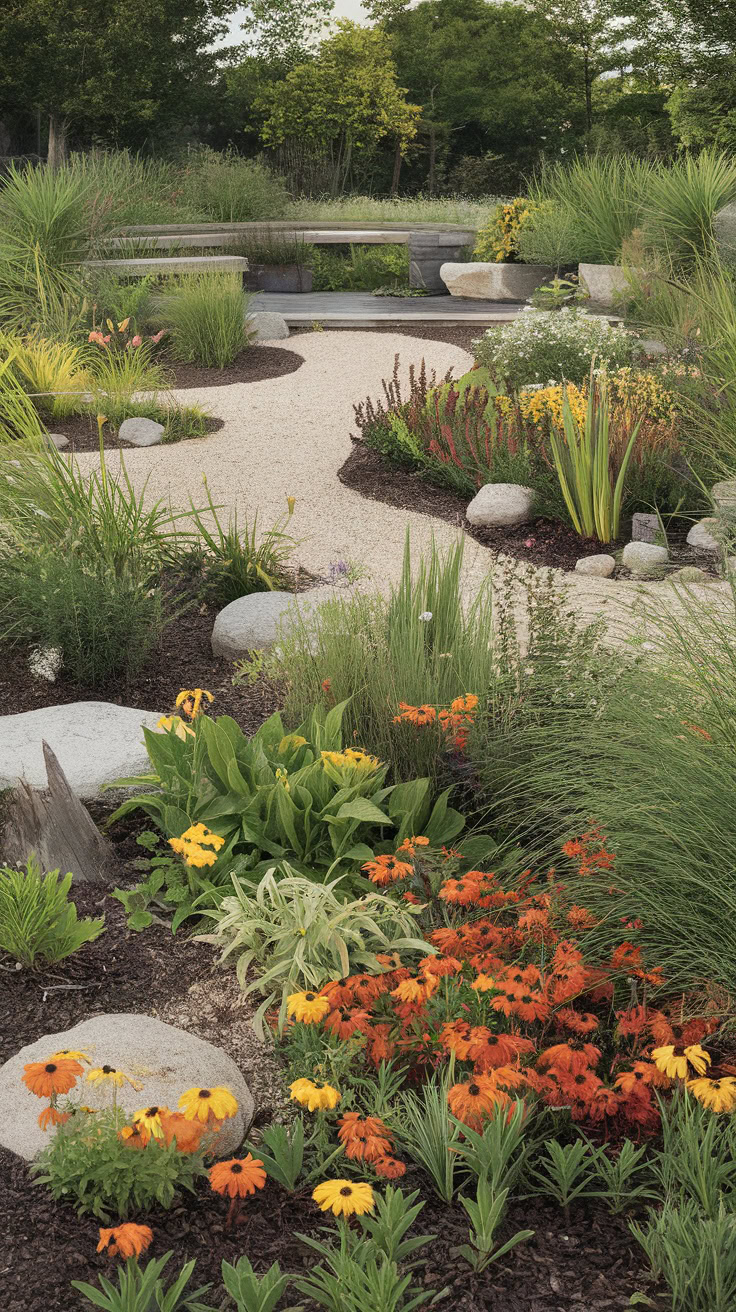 A garden with stone pathways, colorful flowers, and various green plants. Large rocks are interspersed throughout, with trees and shrubs in the background.