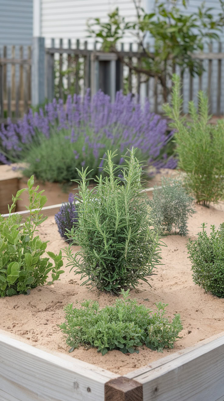 A raised garden bed with rosemary, lavender, thyme, and other herbs. A wooden fence and lavender bushes are in the background.