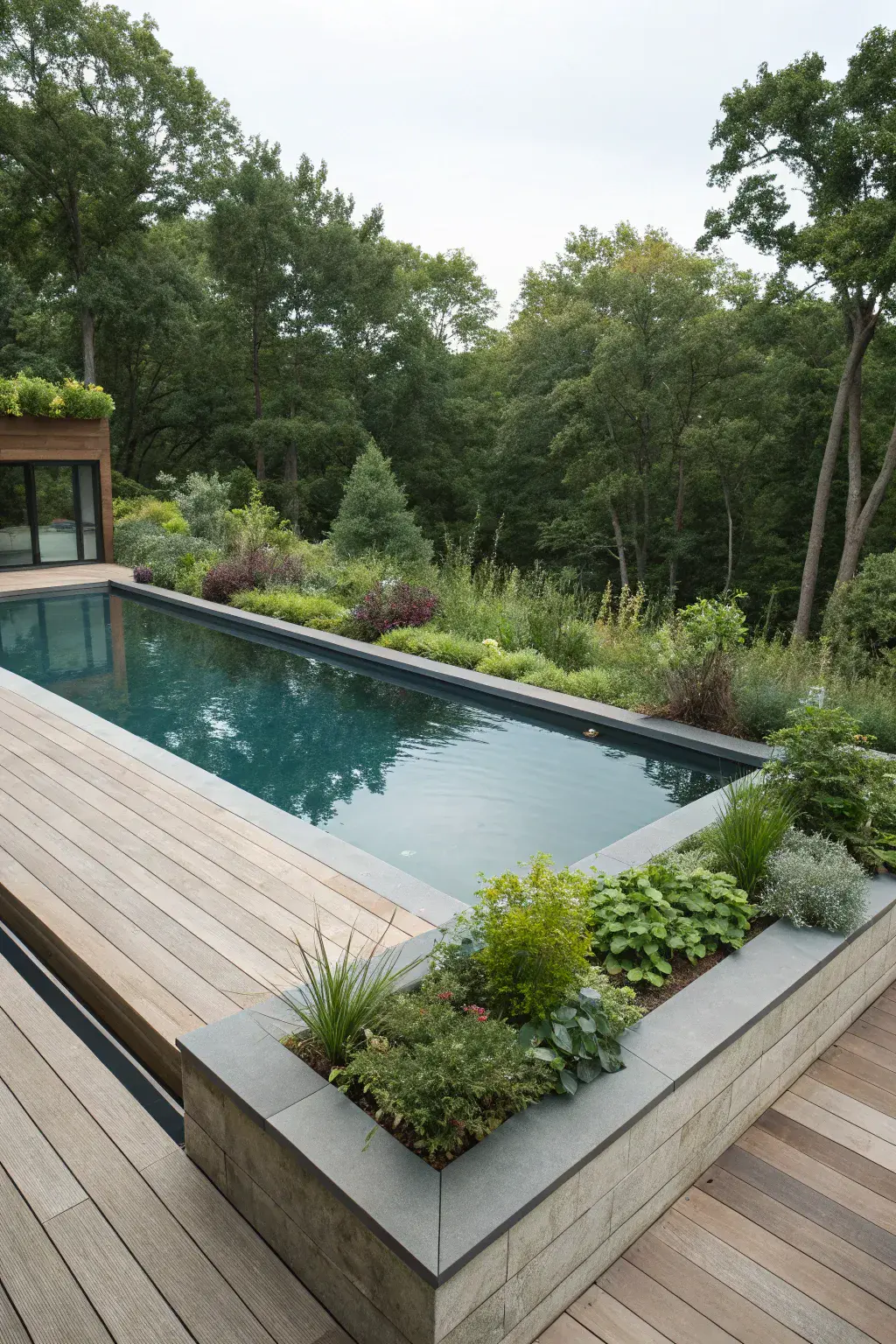 A modern rectangular swimming pool is surrounded by wooden decking and a raised planter with various green plants, set against a backdrop of dense trees.