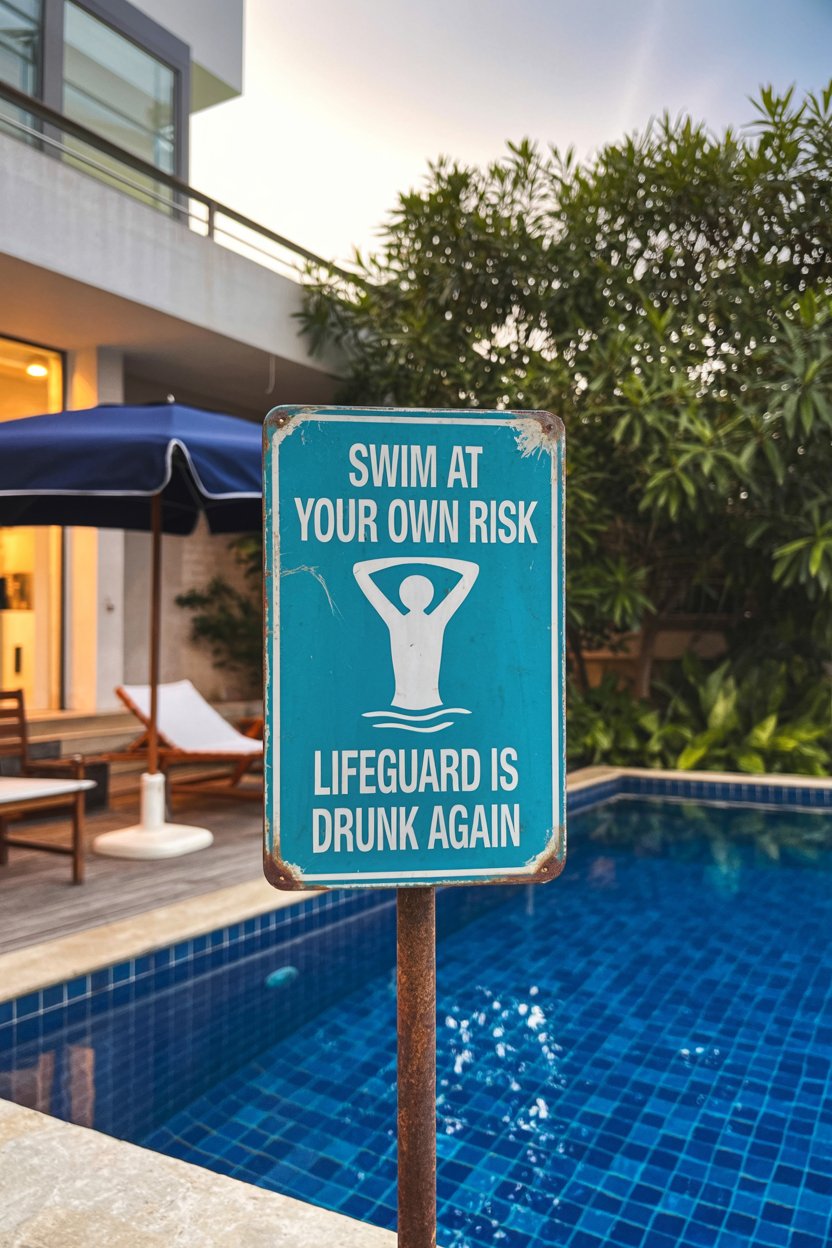 A sign by a swimming pool reads, "Swim at your own risk. Lifeguard is drunk again," with a graphic of a person swimming.