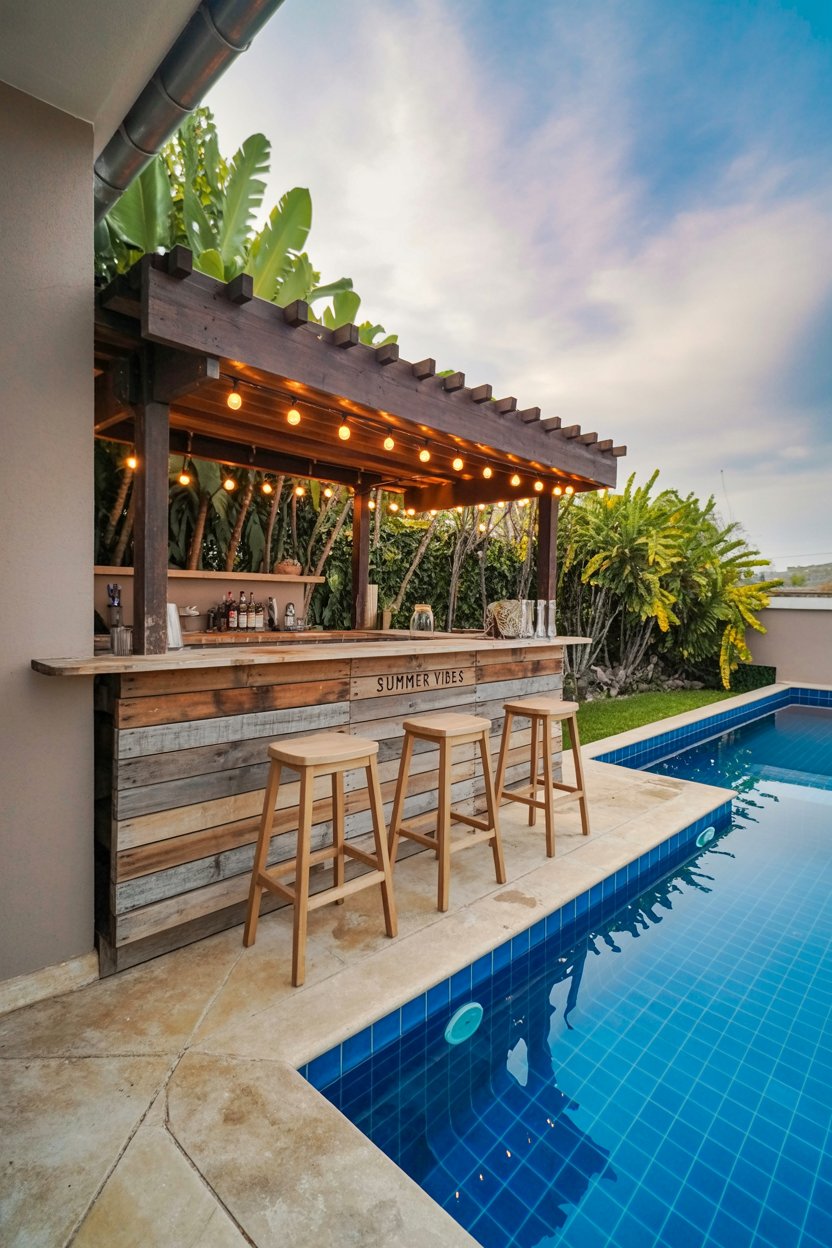 A wooden poolside bar with three stools under a pergola with string lights, adjacent to a blue-tiled swimming pool and surrounded by tropical plants.