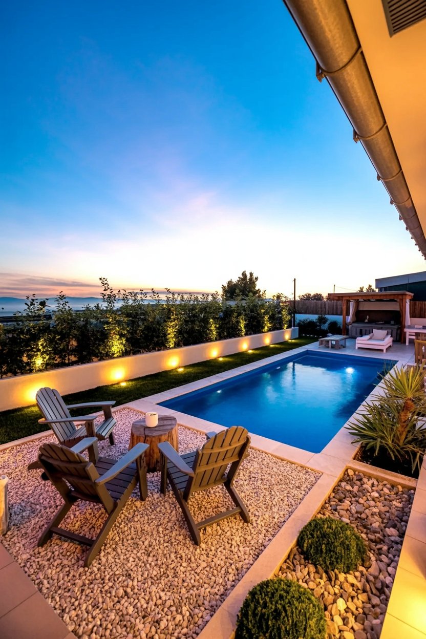 Modern backyard with illuminated rectangular pool, lounge chairs on a pebble patio, manicured plants, and evening sky in the background.