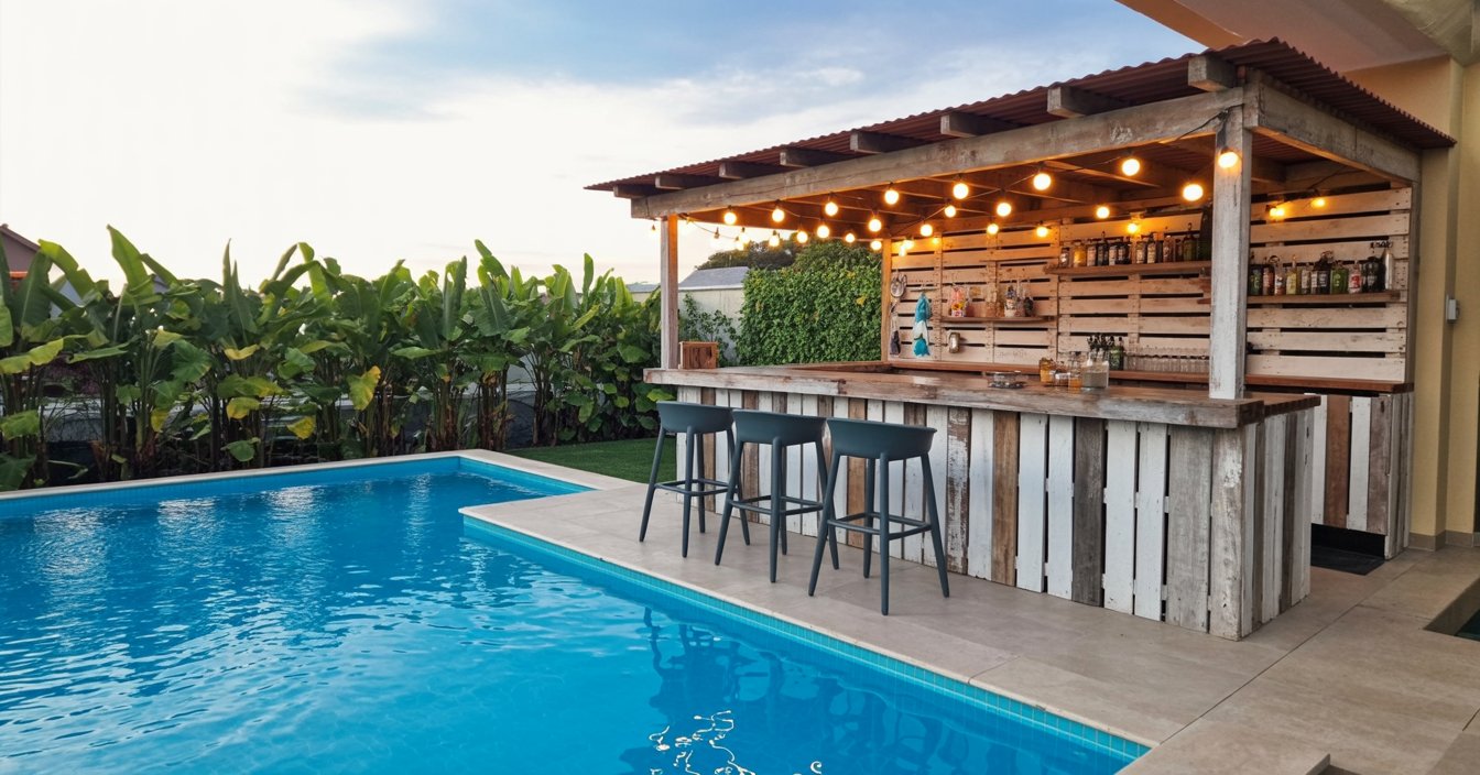 Outdoor pool beside a rustic wooden bar with string lights, three bar stools, and surrounding greenery under a partly cloudy sky.