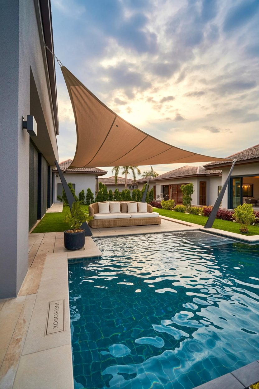 Modern poolside area with a beige outdoor sofa set under a large triangular sunshade, surrounded by contemporary buildings and a landscaped garden at sunset.