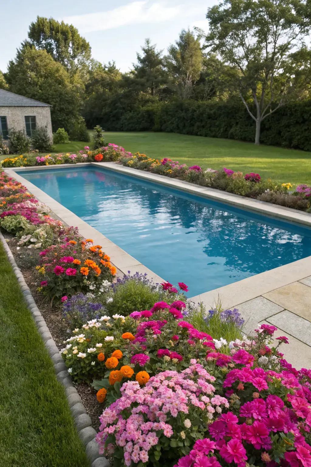 Rectangular swimming pool surrounded by a stone border and vibrant flower beds, with a grassy lawn and trees in the background.