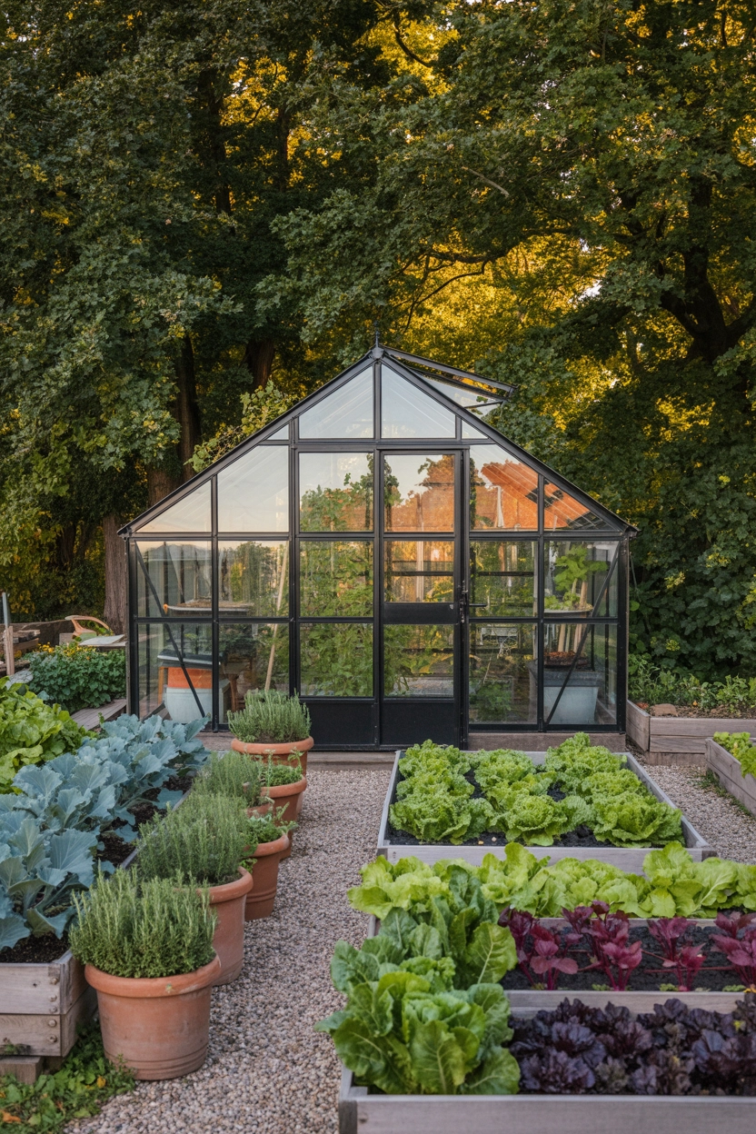 A glass greenhouse stands behind raised beds filled with leafy greens and potted herbs, surrounded by tall trees and gravel pathways.