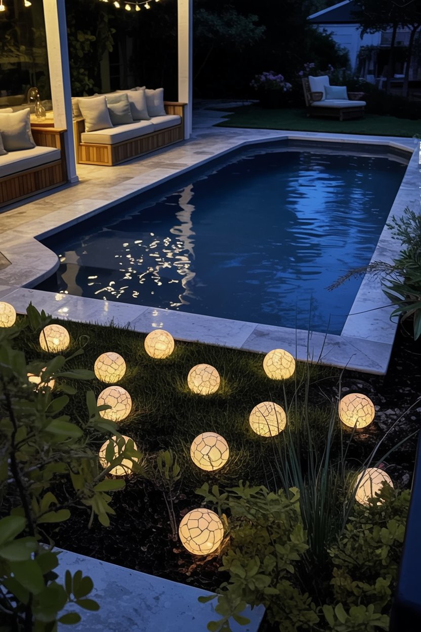 A modern backyard with a small swimming pool, patio seating, and illuminated spherical lights arranged in the surrounding garden at dusk.