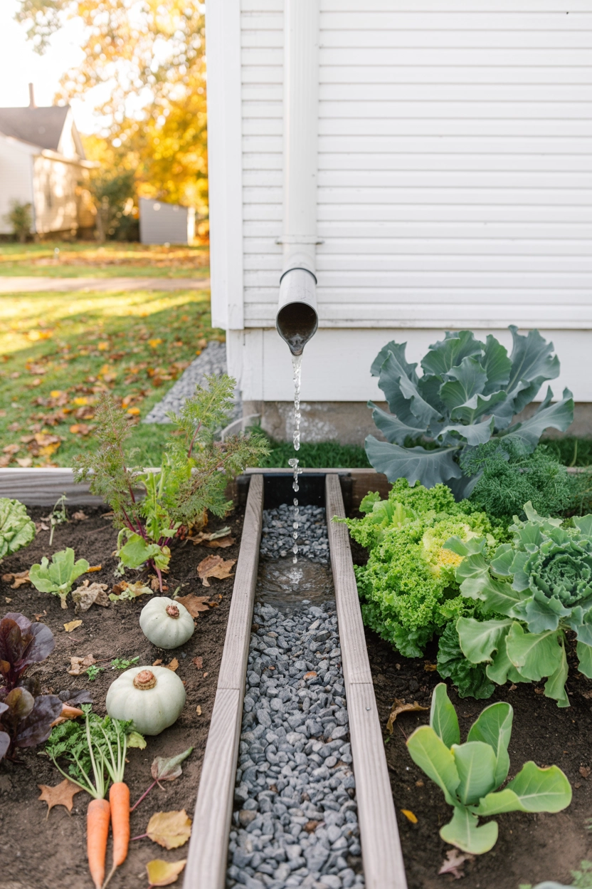 A downspout releases water into a gravel channel beside a garden bed with vegetables including carrots, lettuce, cabbage, and squash, next to a white house.