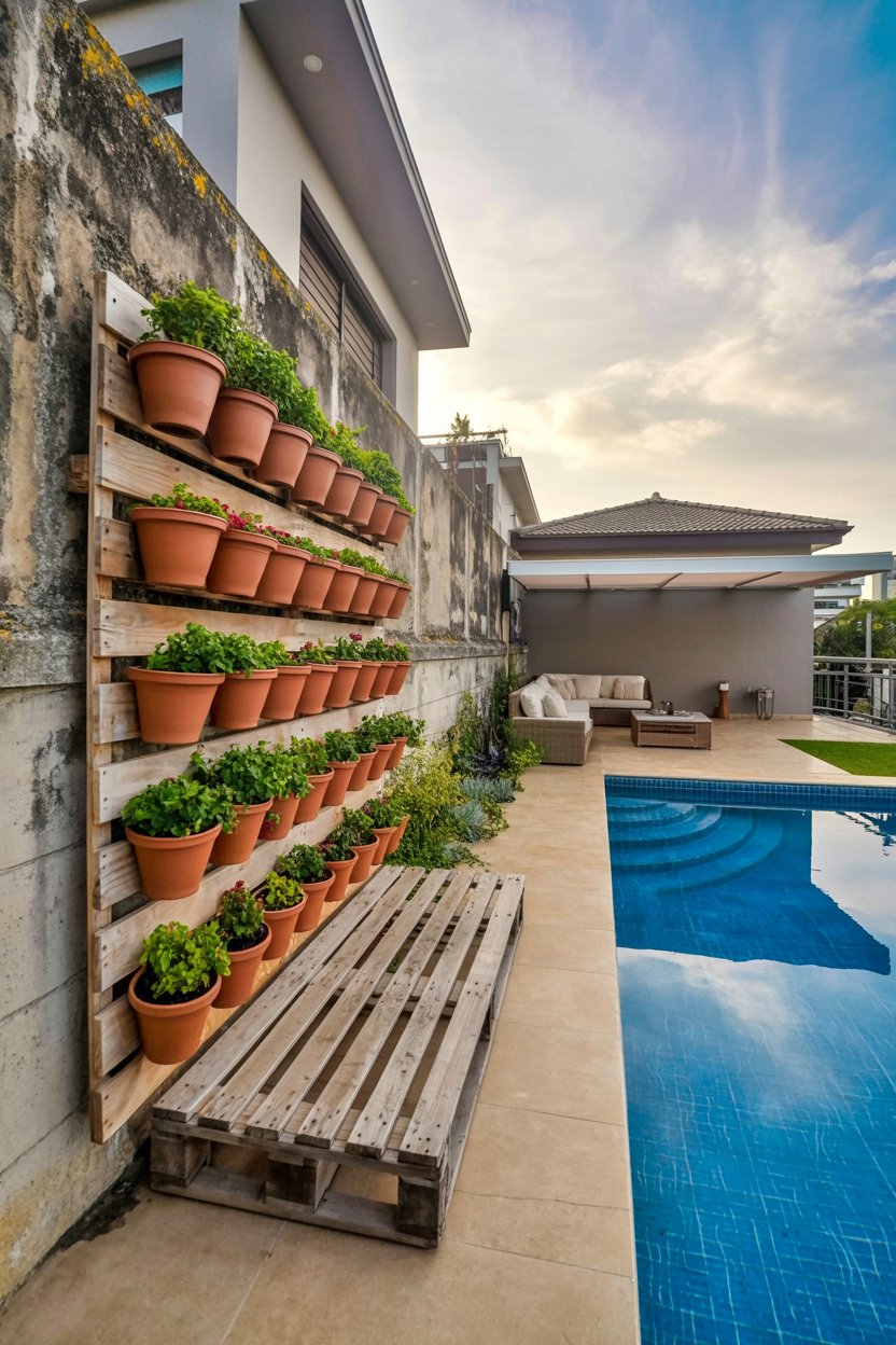 Vertical garden made of terracotta pots on a wooden pallet beside a pool, with an outdoor seating area and a house in the background at sunset.