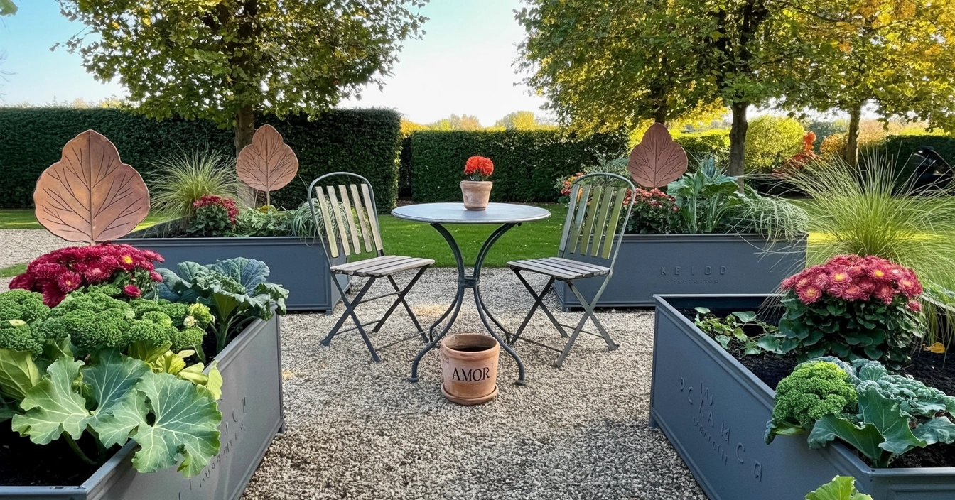A metal table with two chairs sits on gravel, surrounded by raised garden beds with vegetables and flowers, in a well-manicured garden.