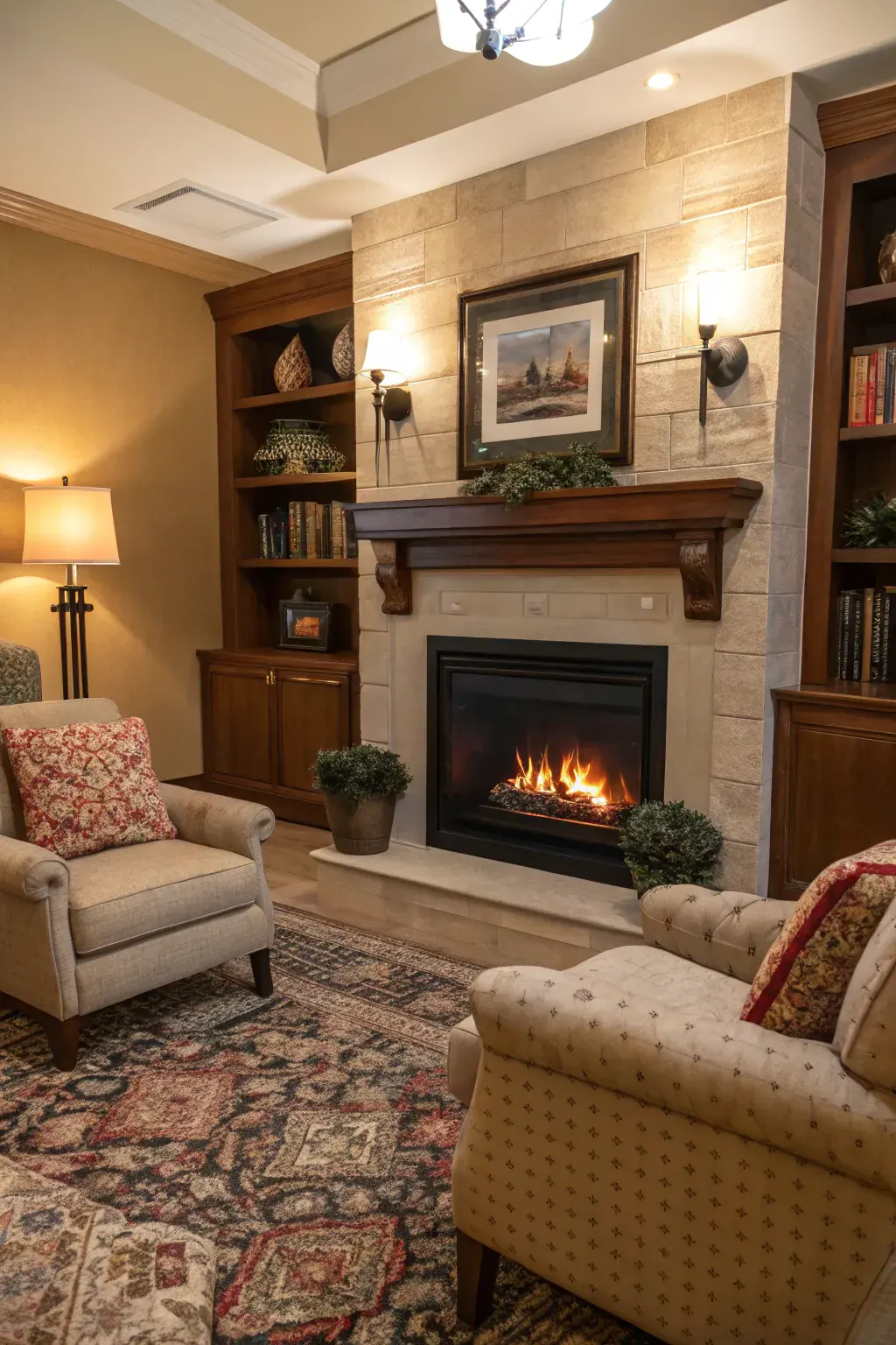 A cozy living room with patterned armchairs, a lit fireplace, bookshelves, a rug, and framed artwork above the mantel.