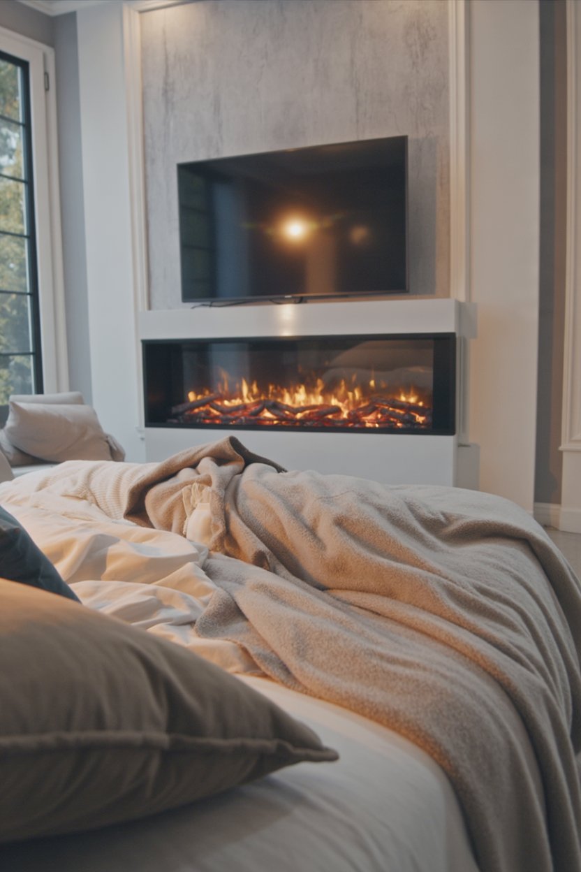 A bed with rumpled blankets and pillows is positioned in front of a modern electric fireplace and a wall-mounted TV in a cozy, softly lit room.