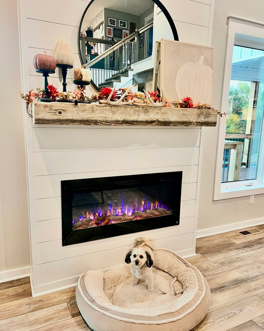 A small dog sits in a beige pet bed in front of an electric fireplace with a decorated mantel featuring autumn-themed decor and a round mirror above.