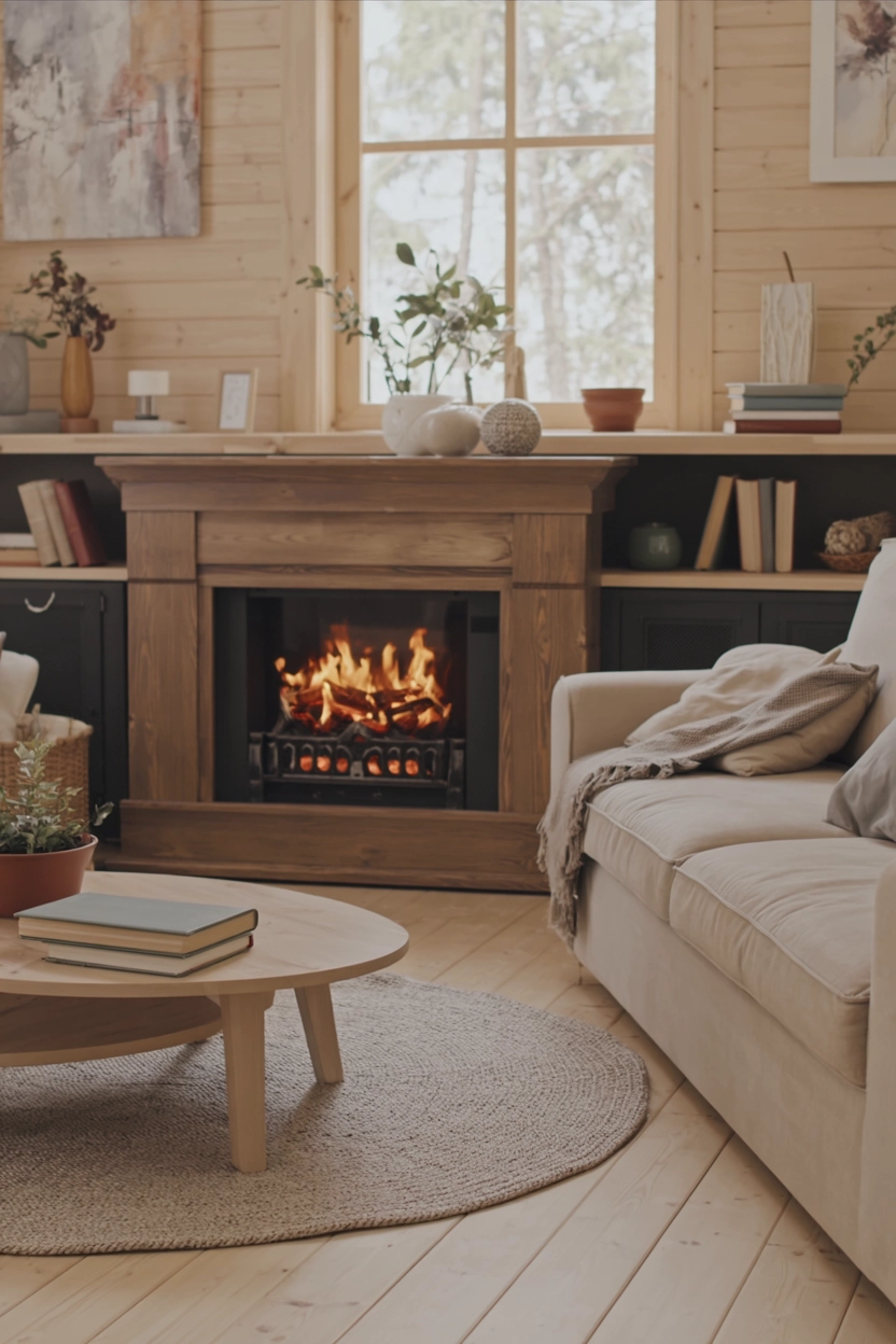 A cozy living room with a beige sofa, wooden coffee table, and a lit fireplace beneath a window, surrounded by books and potted plants.