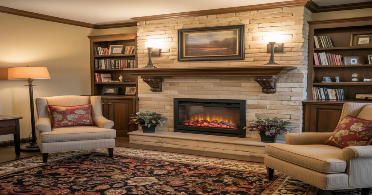 A living room with two armchairs, a patterned rug, built-in bookshelves, and a stone fireplace with a painting and two lamps on the mantel.