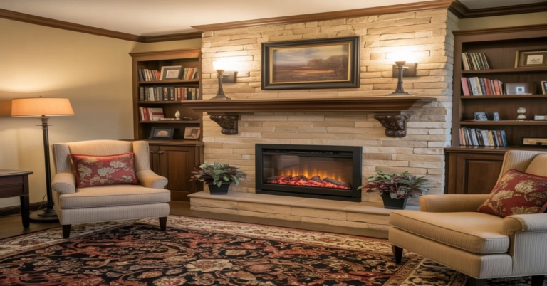 A living room with two armchairs, a patterned rug, built-in bookshelves, and a stone fireplace with a painting and two lamps on the mantel.