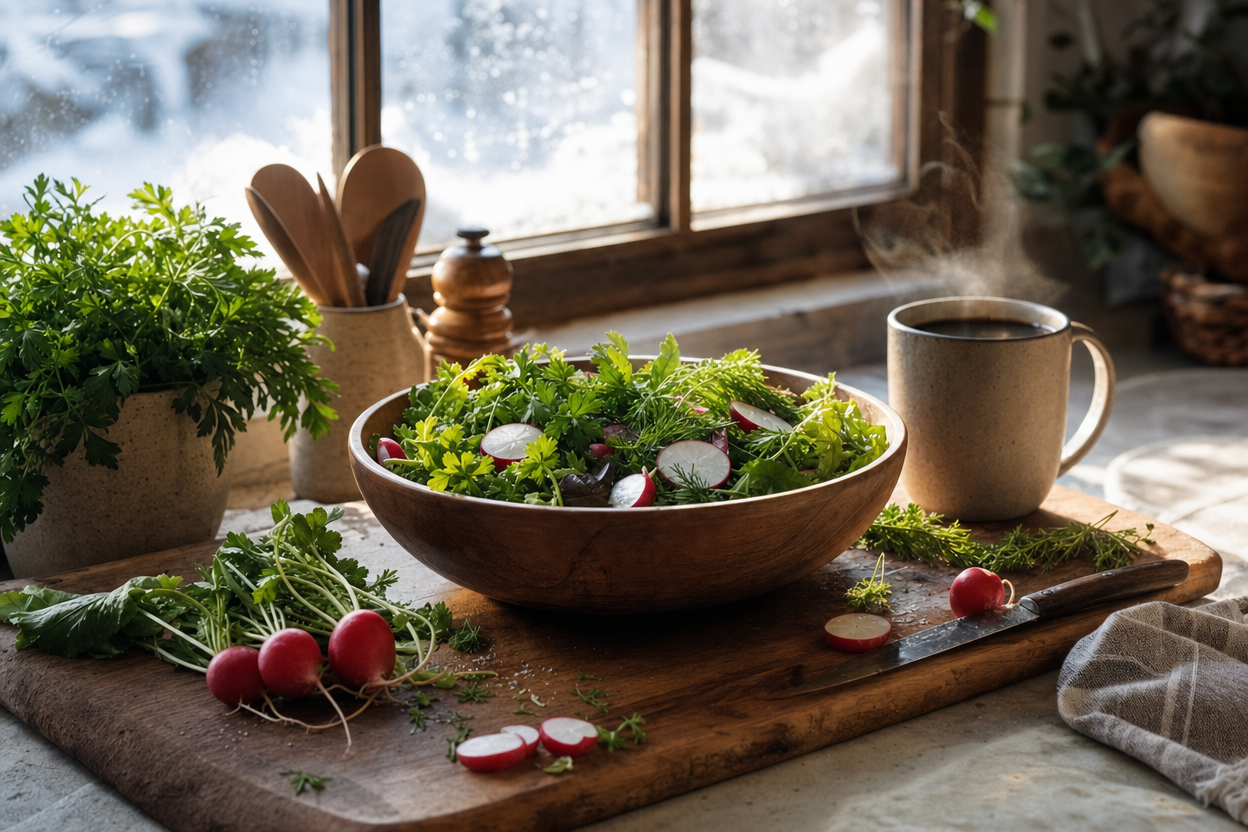 Cozy kitchen scene with fresh salad bowl on a wooden cutting board and frosty window in the background