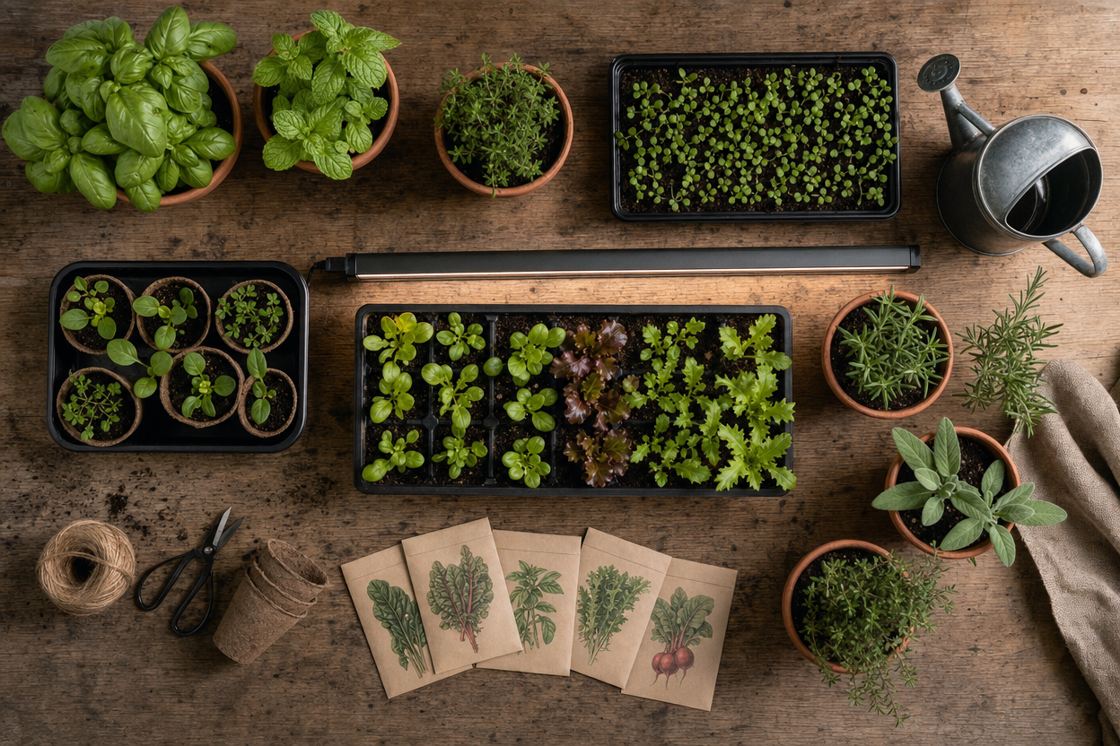Assorted herb and vegetable seedlings in pots and trays, seed packets, gardening tools, and a watering can arranged on a wooden table.