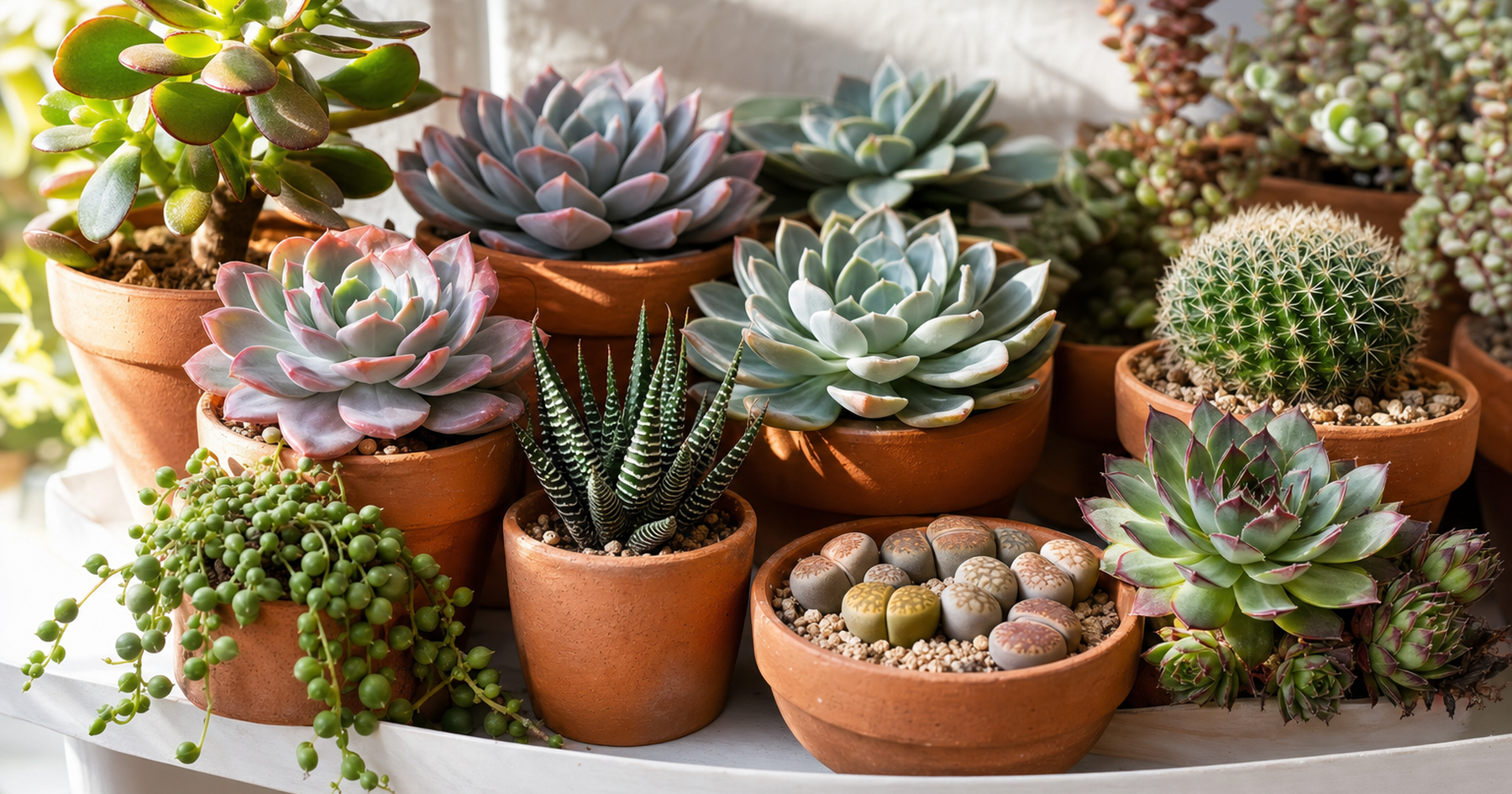 A curated collection of succulents in terracotta pots arranged on a sun-drenched white home shelf in warm natural light