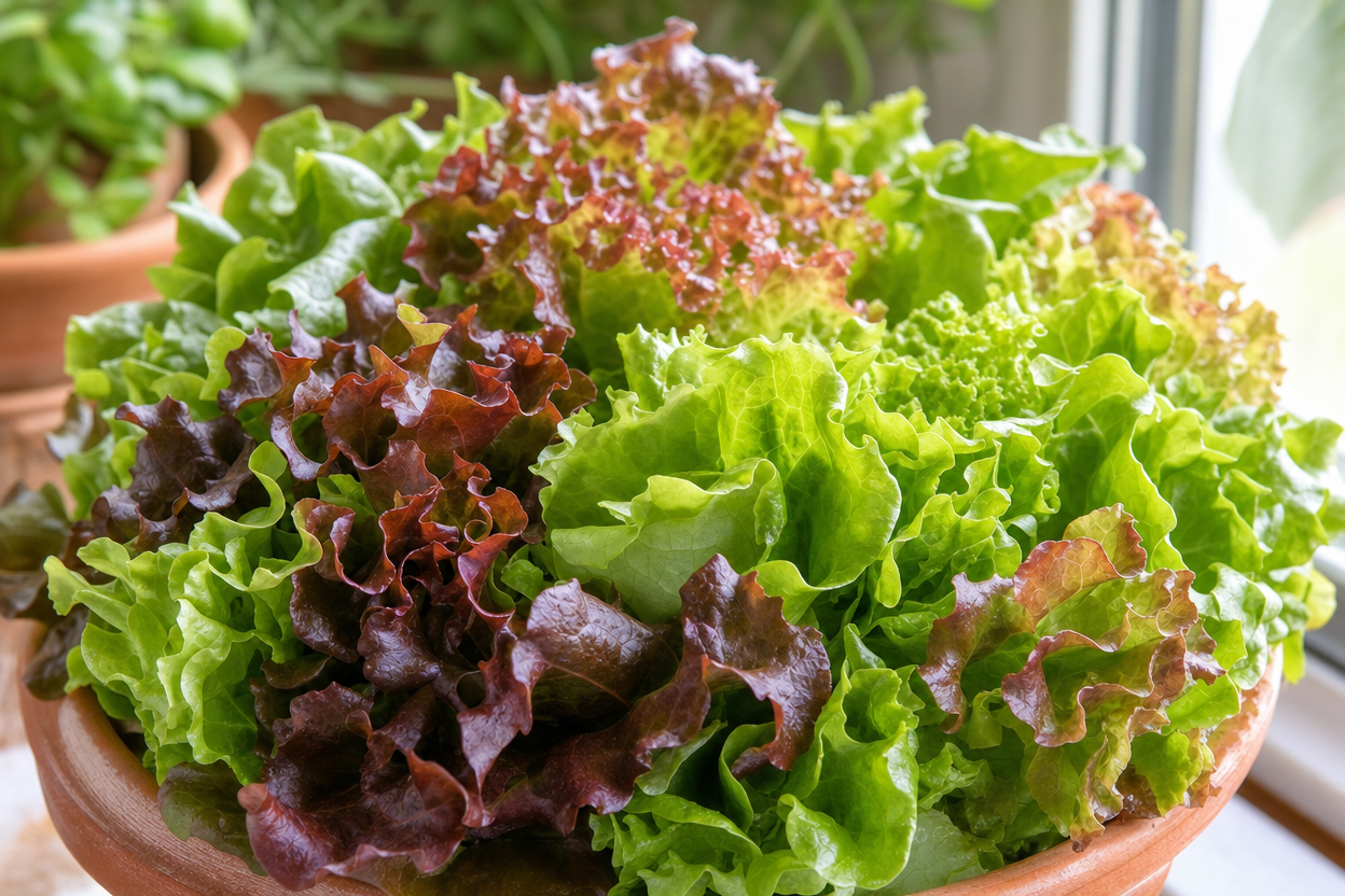 A bowl filled with assorted fresh green and red leaf lettuces, placed near a window with natural light.