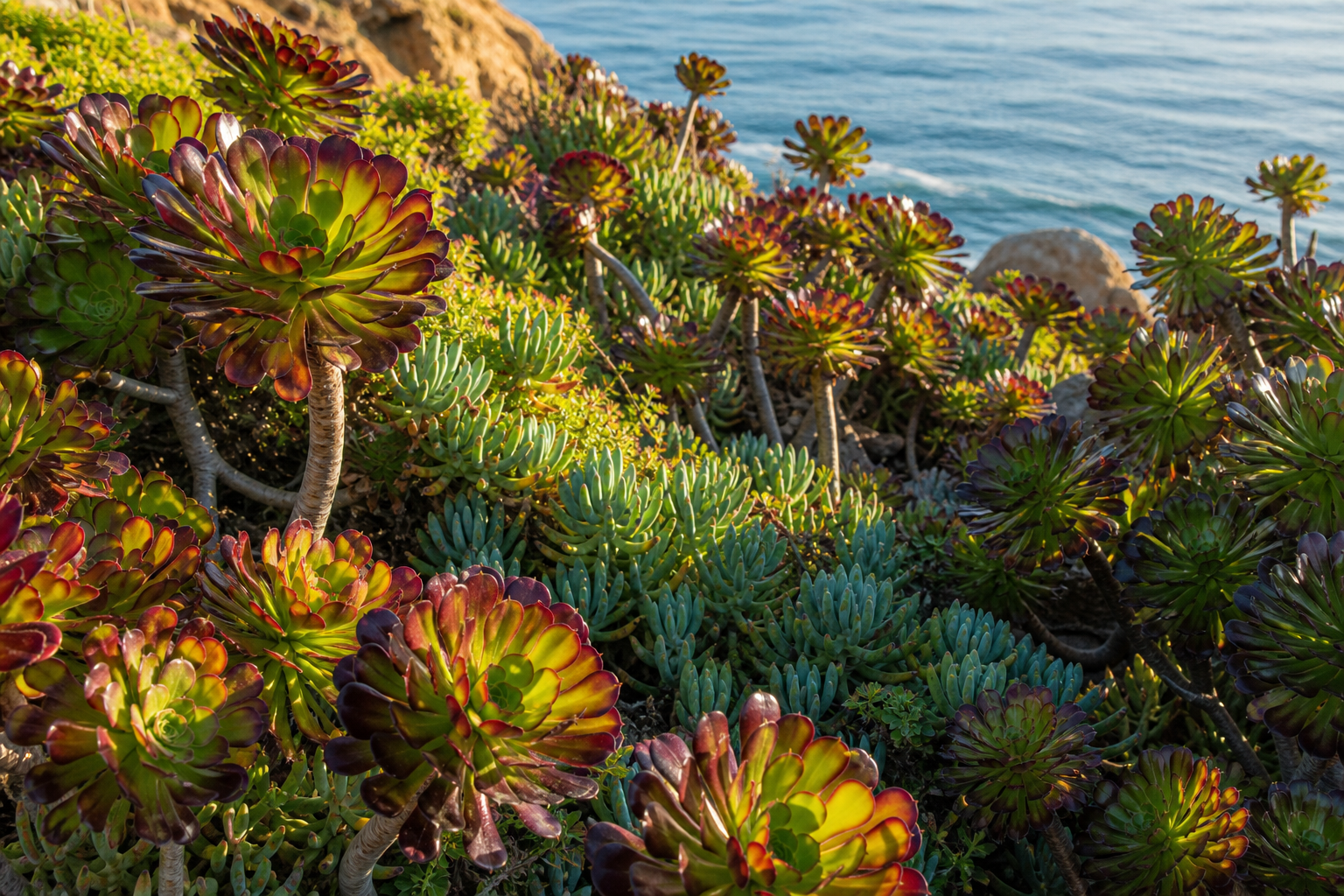 Succulent plants with reddish-green leaves growing on a coastal cliffside, with the ocean visible in the background under sunlight.
