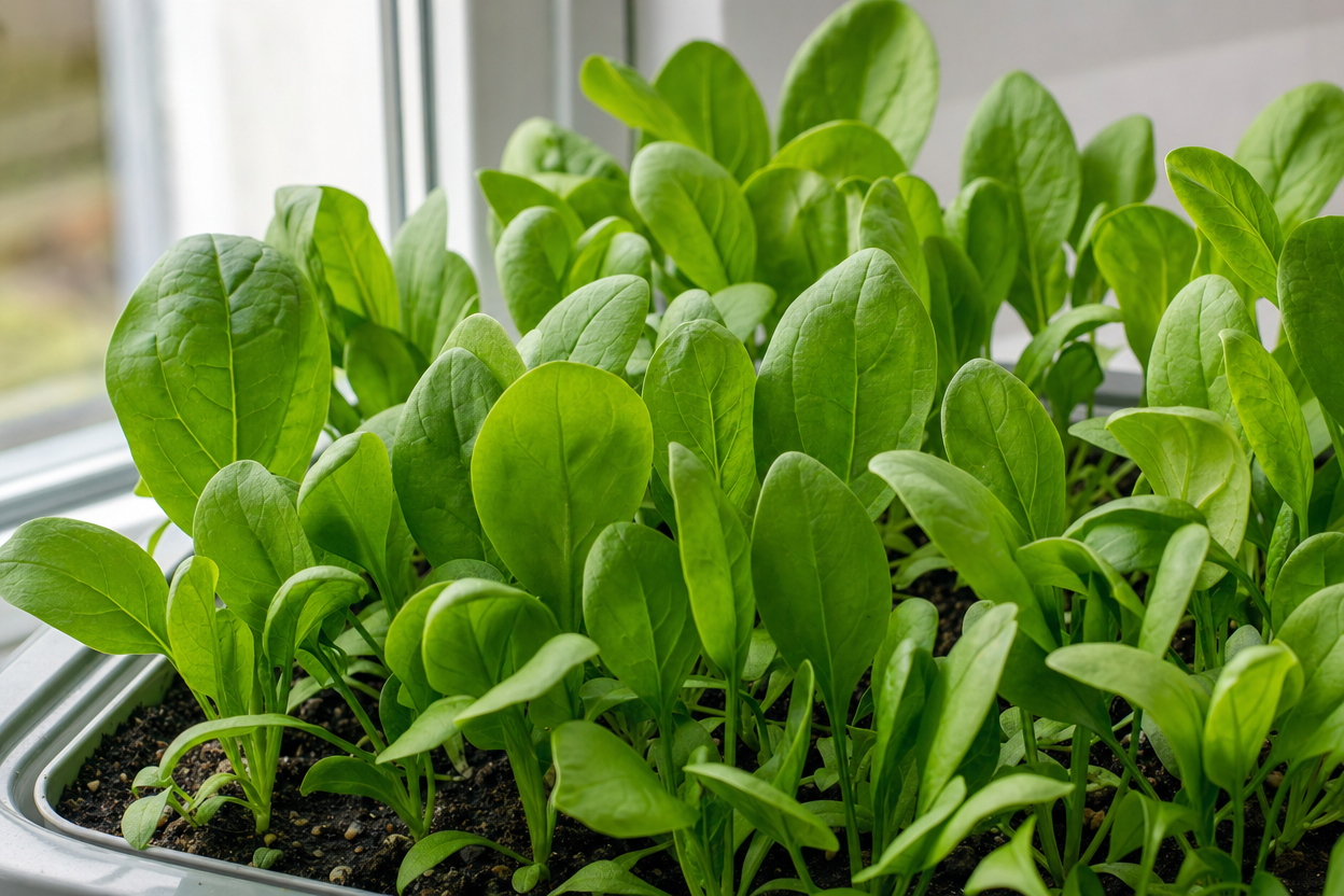 Young spinach plants growing densely in a container by a window, with healthy green leaves and moist soil visible.