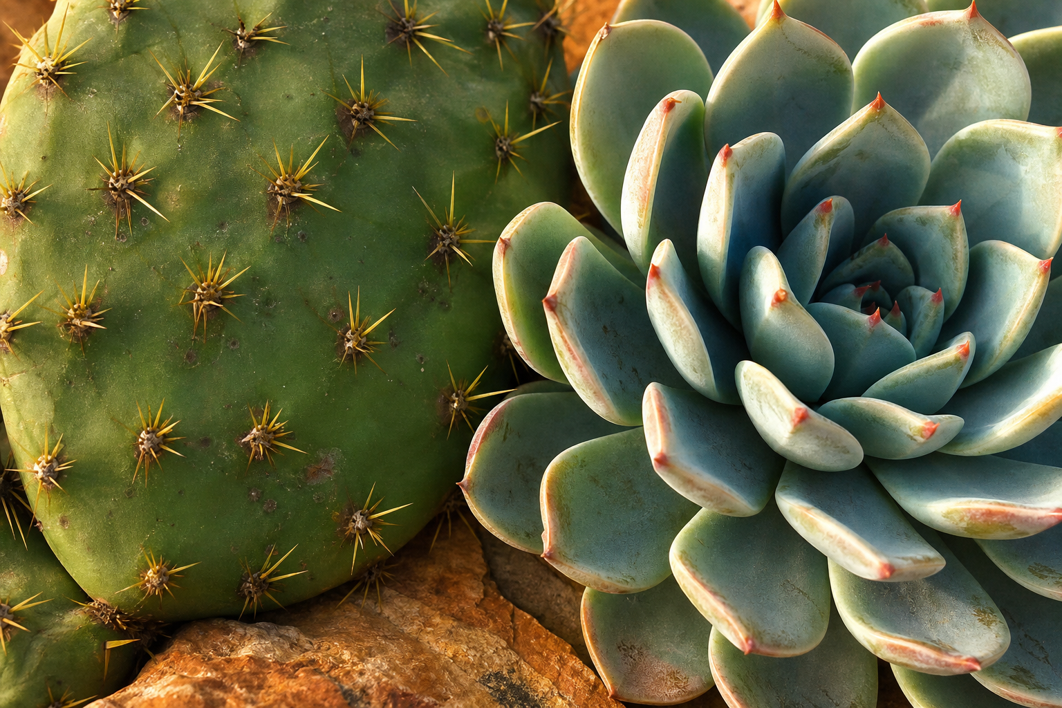Close-up of a green prickly pear cactus pad with yellow spines next to a blue-green succulent plant, both resting on brown rocks.