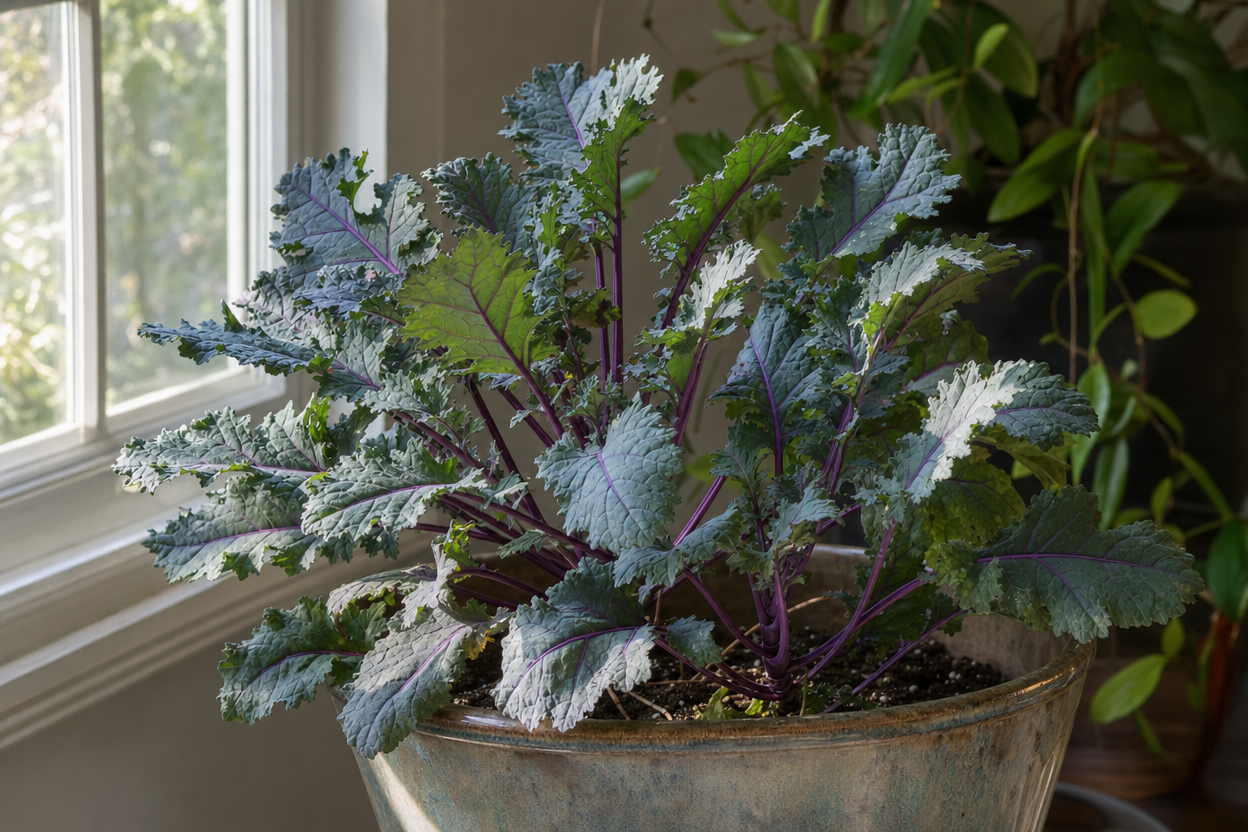 Potted ornamental kale with purple stems and green, frilled leaves sitting indoors near a window with natural light.
