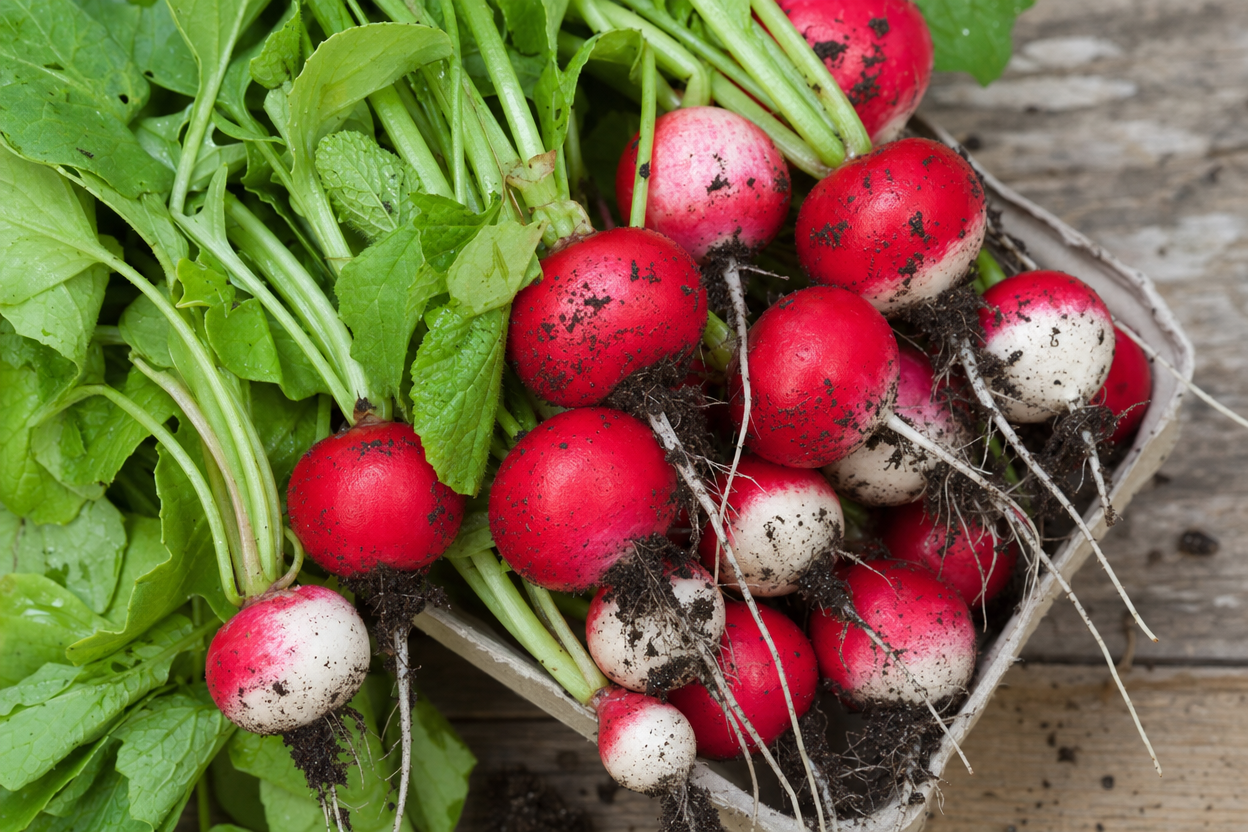 Freshly harvested radishes with green leaves and soil attached, lying in and around a small cardboard container on a wooden surface.
