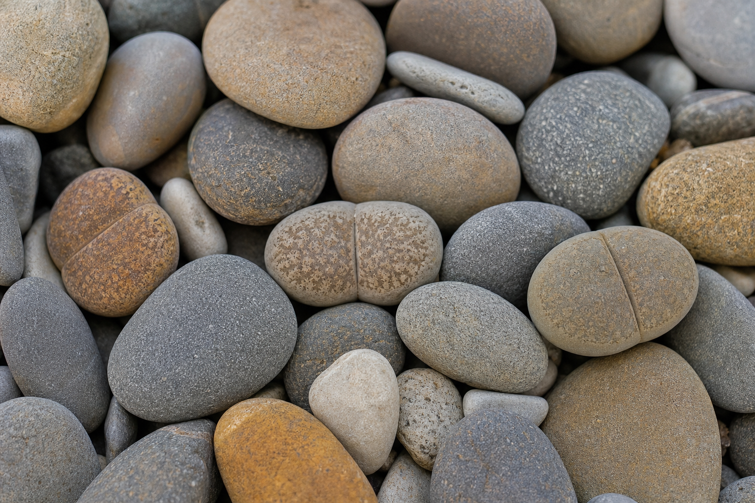 A collection of smooth, rounded pebbles in various shades of gray and brown, with two central stones featuring a symmetrical split pattern.