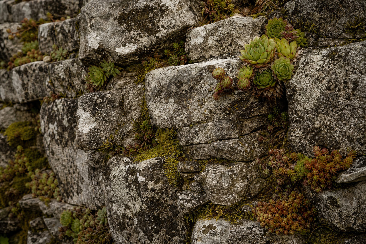Close-up of a weathered stone wall with patches of moss and green succulents growing in the crevices.
