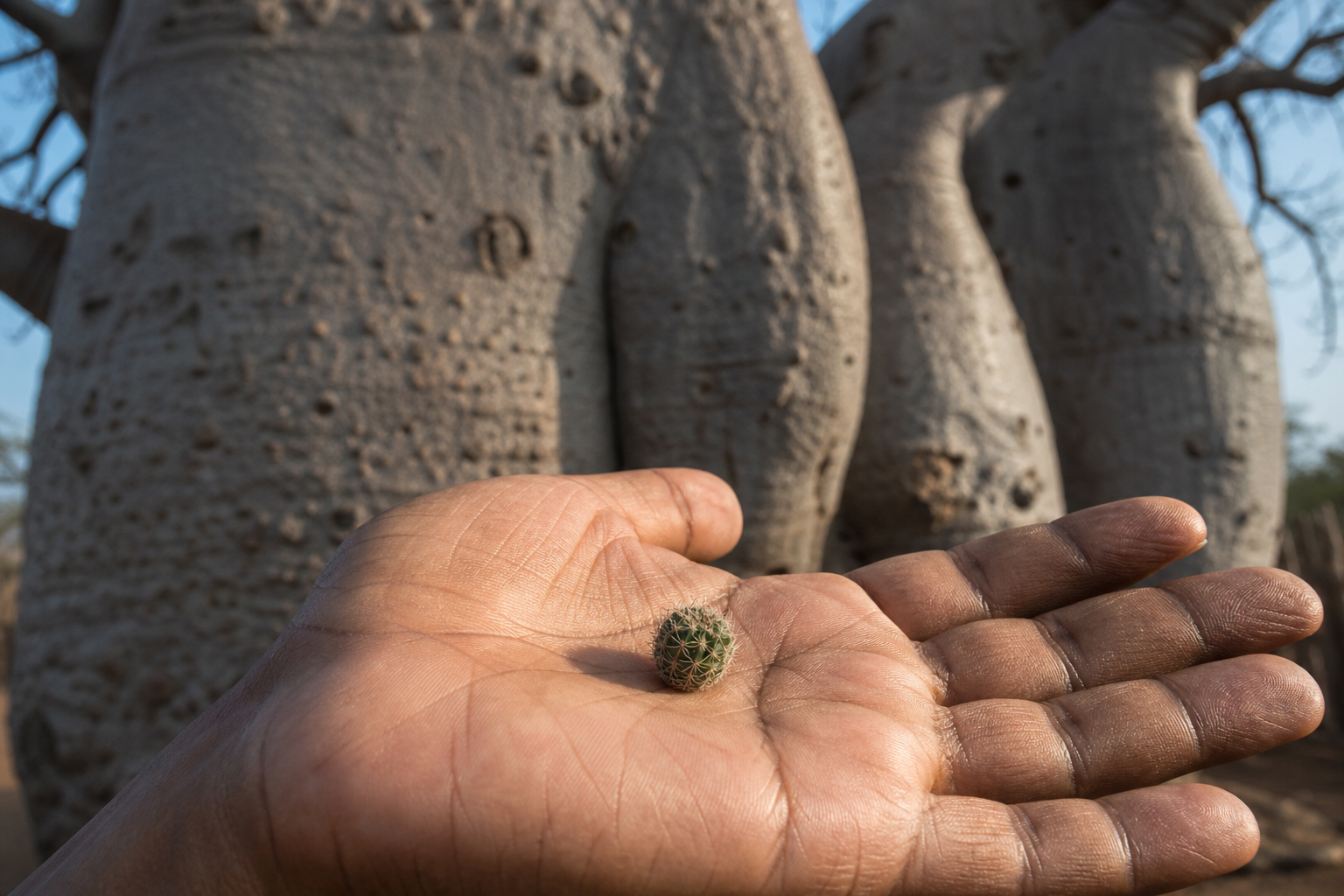 A hand holds a small round cactus in front of large, textured tree trunks outdoors.