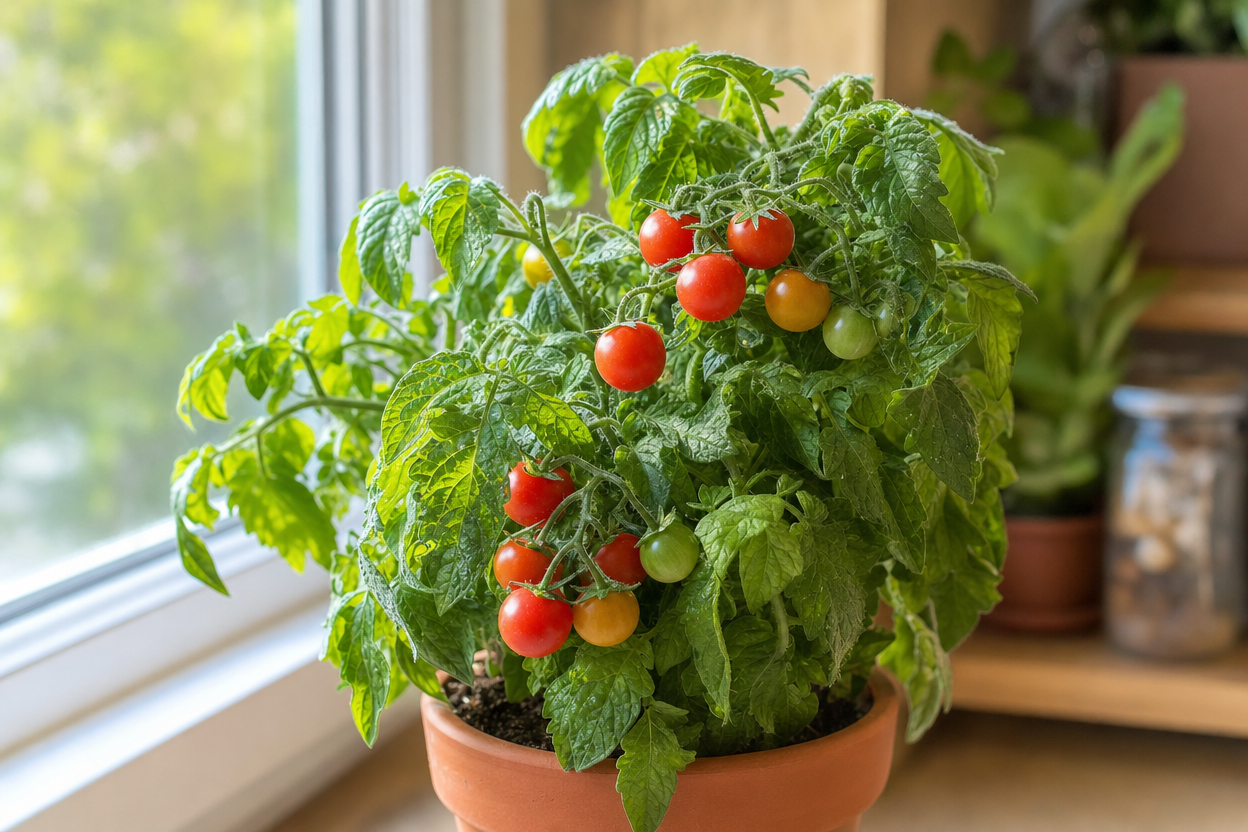 A potted tomato plant with ripe and unripe tomatoes sits on a windowsill with sunlight streaming in.