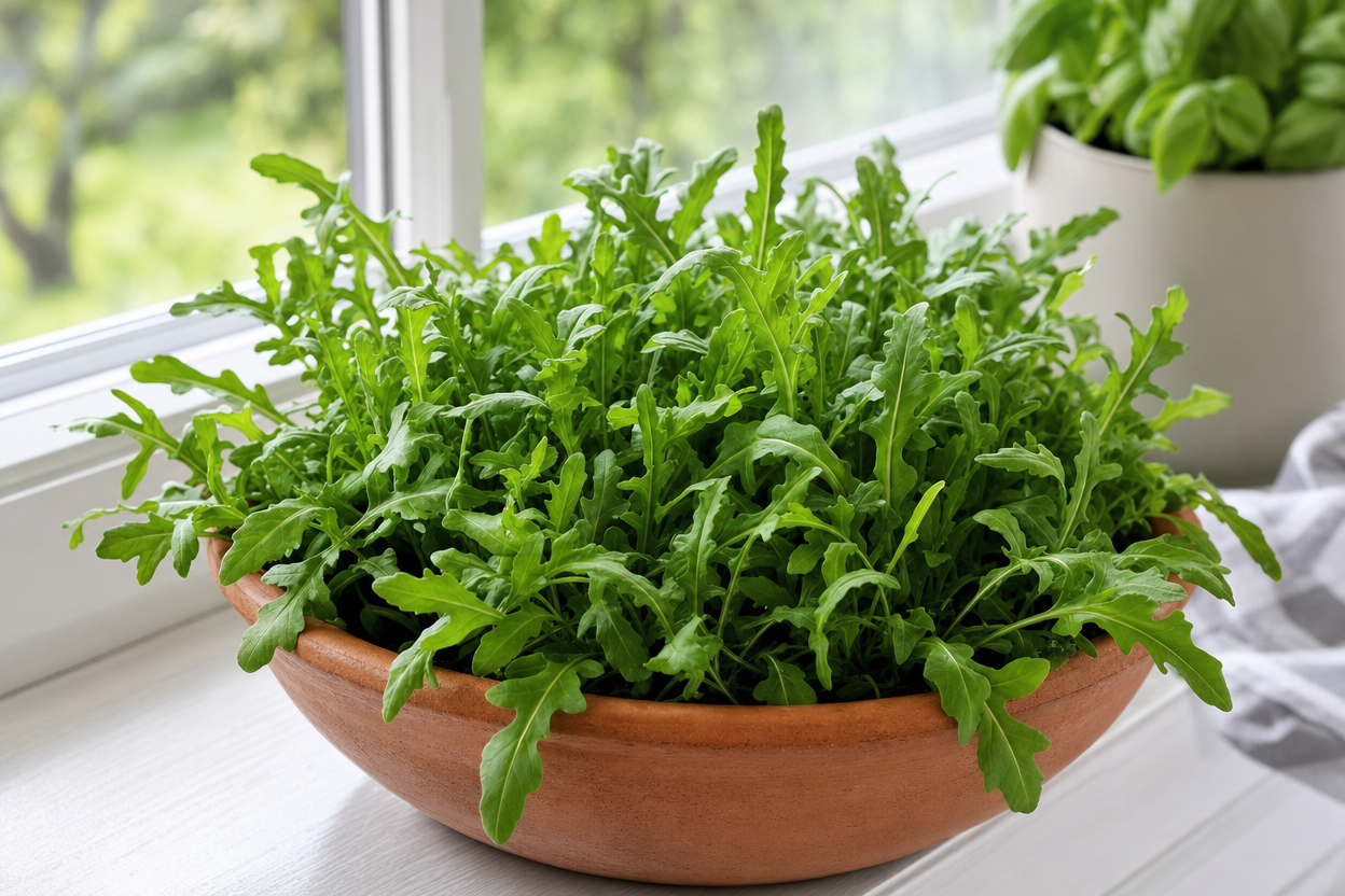 A terracotta bowl filled with fresh arugula plants sits on a windowsill, with another potted herb visible in the background.