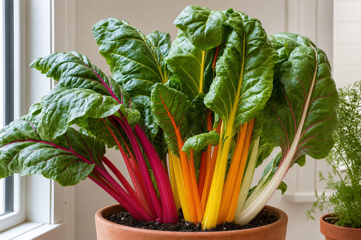A potted Swiss chard plant with vibrant green leaves and colorful stems in shades of red, yellow, orange, and white, placed indoors near a window.
