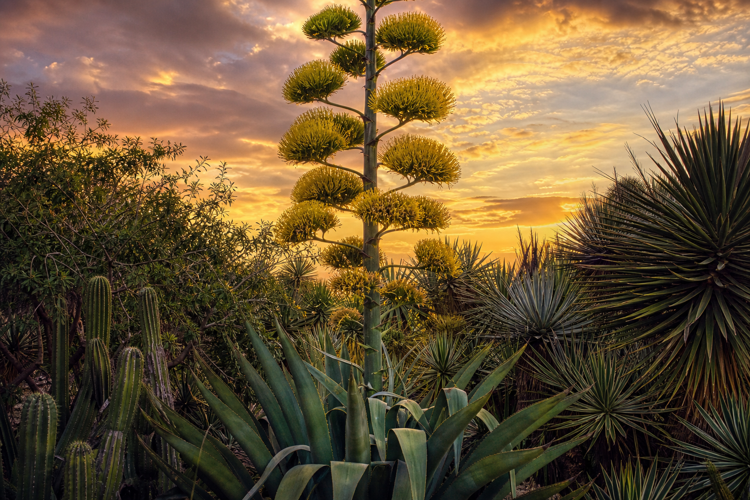 A large agave plant with a tall flowering stalk stands among other desert plants under a colorful sunset sky.