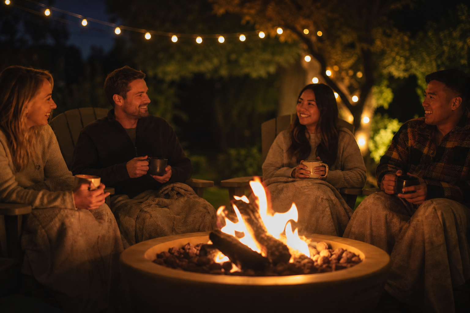 Four people sit around a fire pit at night, holding mugs and talking. String lights hang in the background, illuminating the scene.