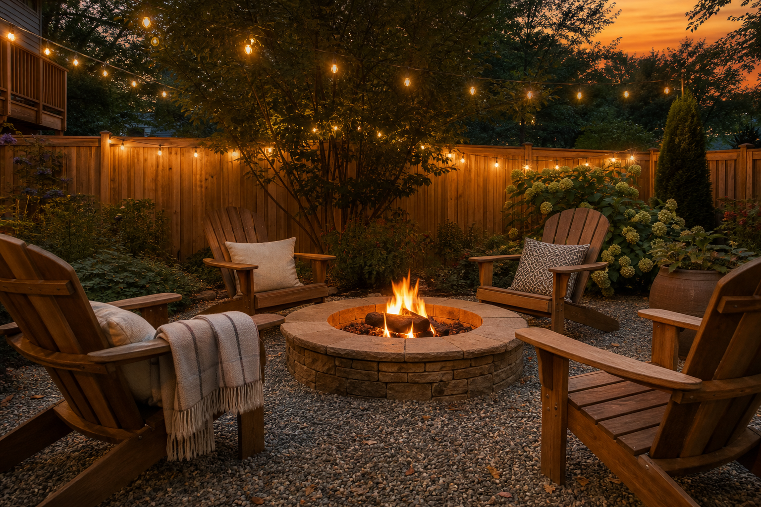 Backyard fire pit lounge at dusk with Adirondack chairs and string lights