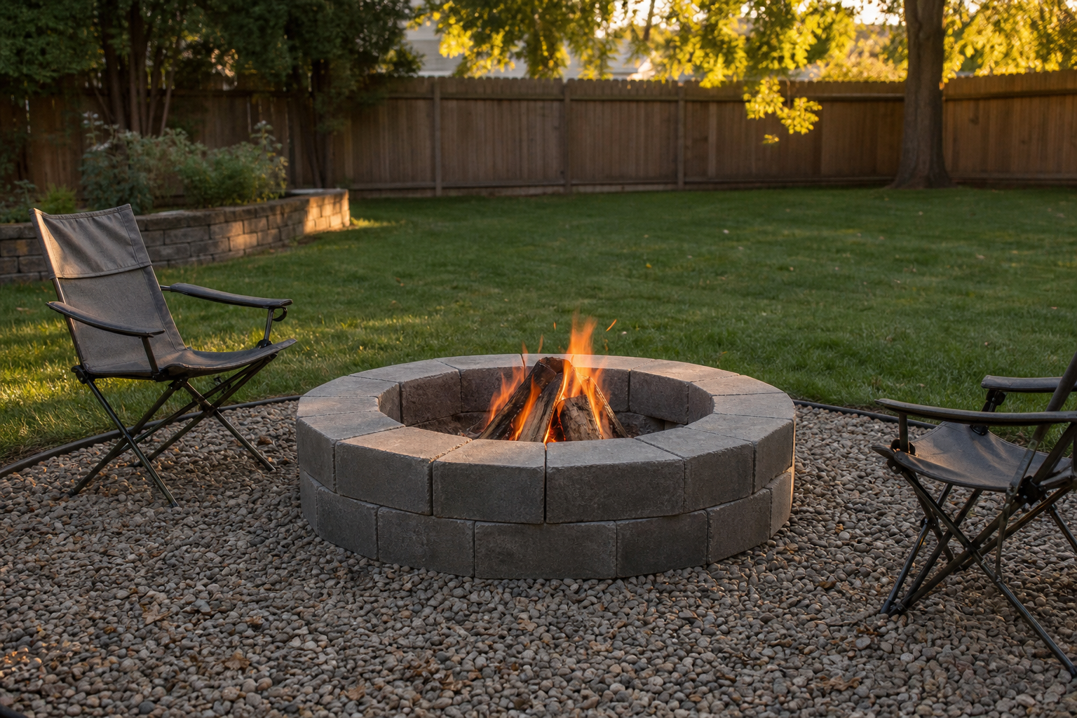 A round stone fire pit with a small fire burning inside, surrounded by two empty camping chairs on a gravel area in a fenced backyard.